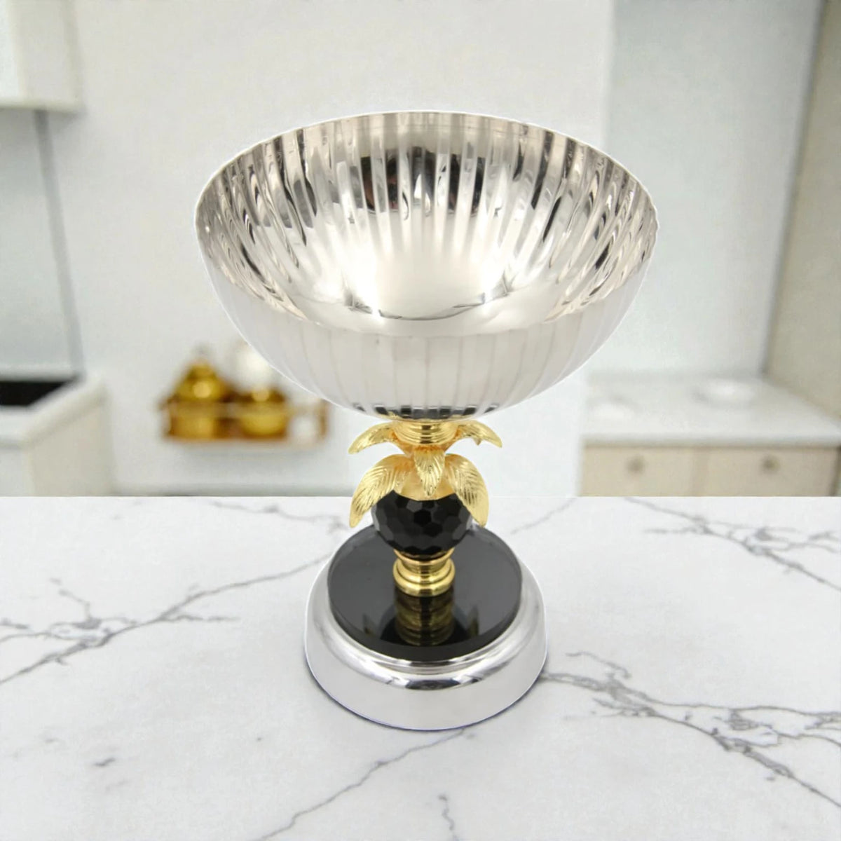 Luxury Metal Serving Bowl Stand with Decorative Palm Design & Crystal Accent – Pedestal Fruit Bowl Centerpiece for Table Décor (21H x 16L x 16W CM)