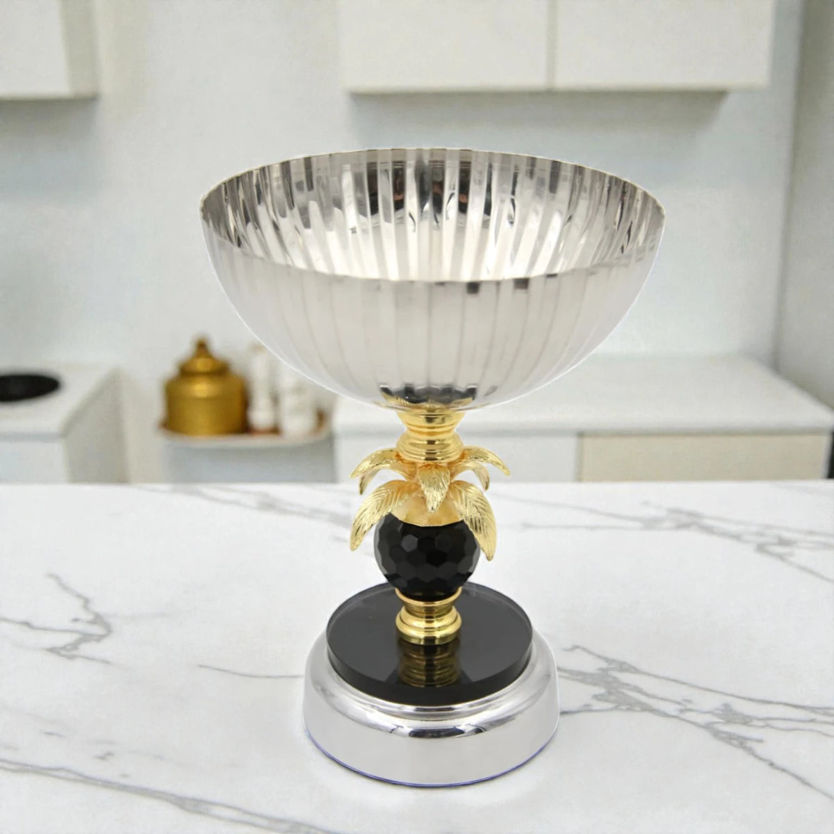 Luxury Metal Serving Bowl Stand with Decorative Palm Design & Crystal Accent – Pedestal Fruit Bowl Centerpiece for Table Décor (21H x 16L x 16W CM)