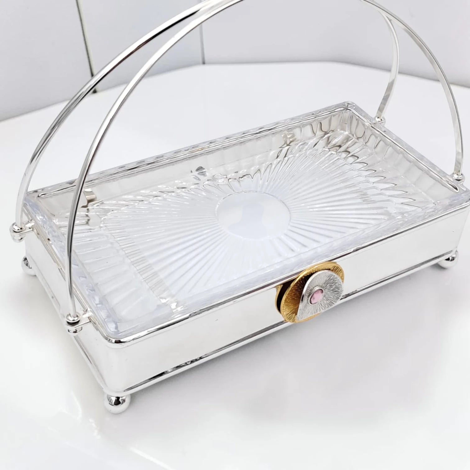 MAY FLOWER Rectangular Serving Tray with Glass Plate Insert and Decorative Arch Handle Elegant Food Display Stand (24H x 31L x 17.5W CM) - Damoo