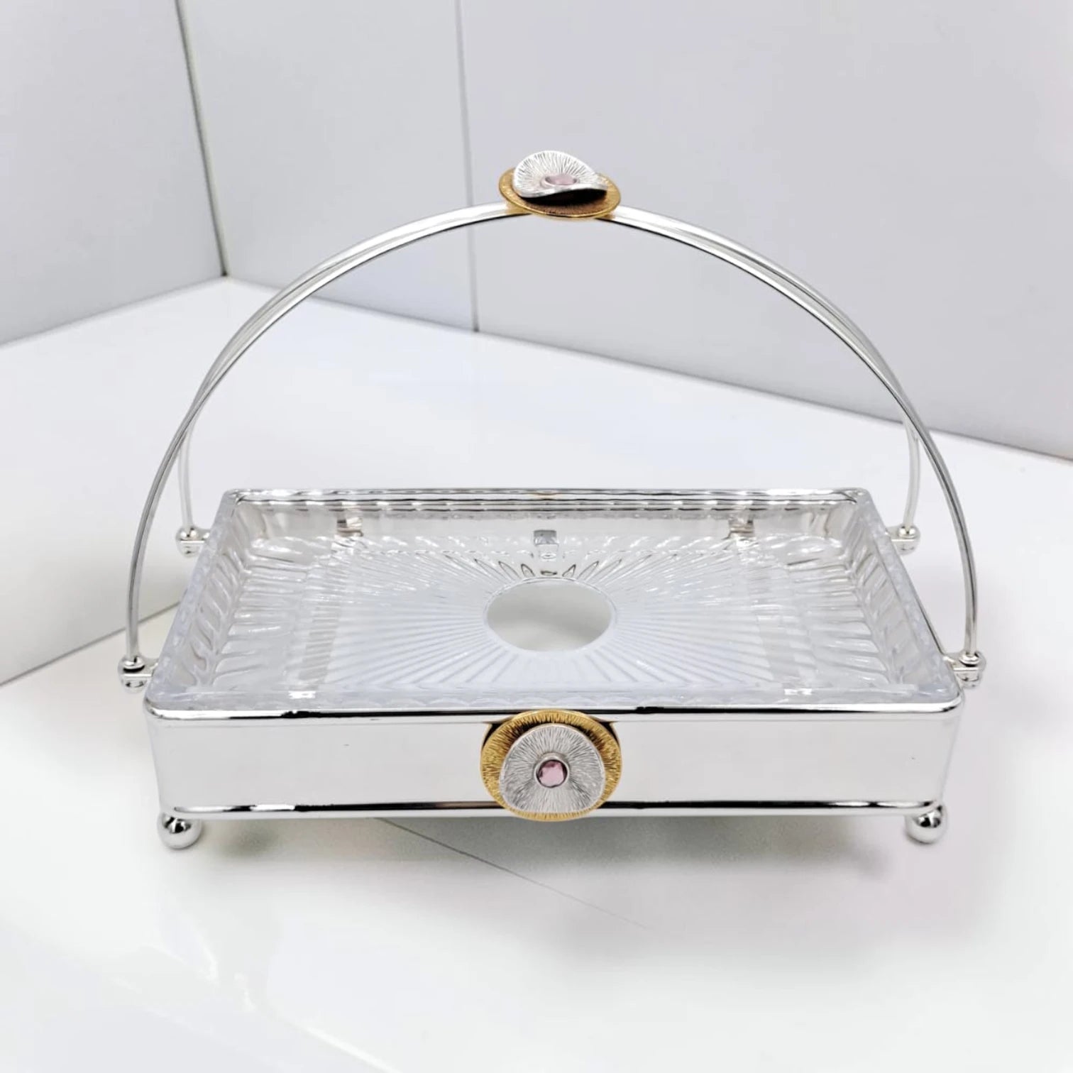 MAY FLOWER Rectangular Serving Tray with Glass Plate Insert and Decorative Arch Handle Elegant Food Display Stand (24H x 31L x 17.5W CM) - Damoo