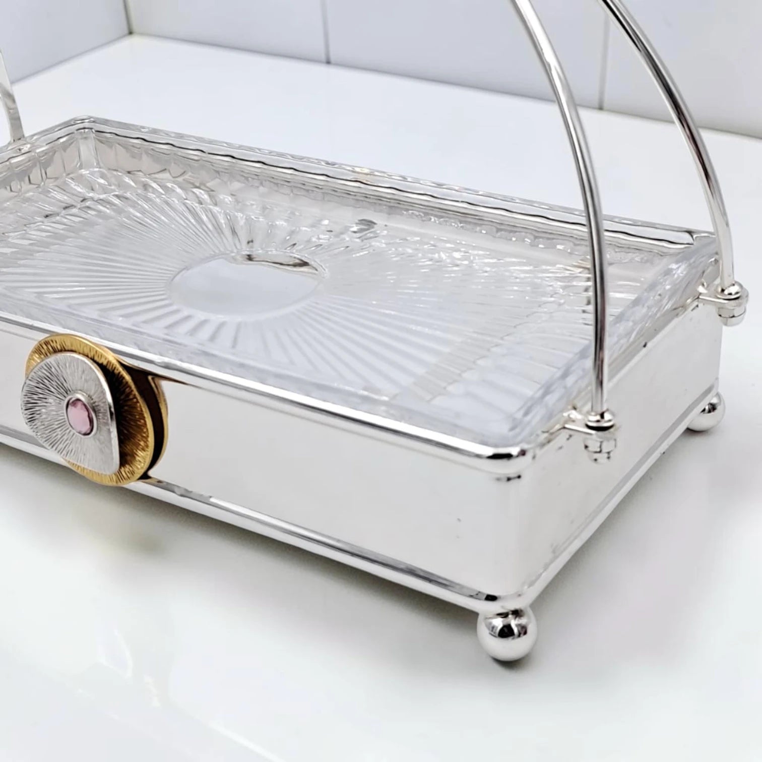 MAY FLOWER Rectangular Serving Tray with Glass Plate Insert and Decorative Arch Handle Elegant Food Display Stand (24H x 31L x 17.5W CM) - Damoo