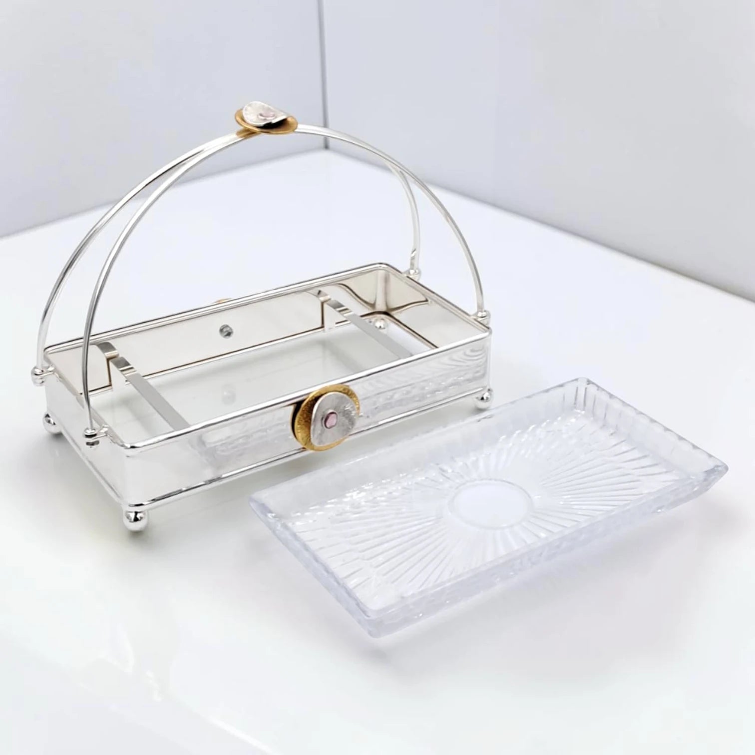 MAY FLOWER Rectangular Serving Tray with Glass Plate Insert and Decorative Arch Handle Elegant Food Display Stand (24H x 31L x 17.5W CM) - Damoo