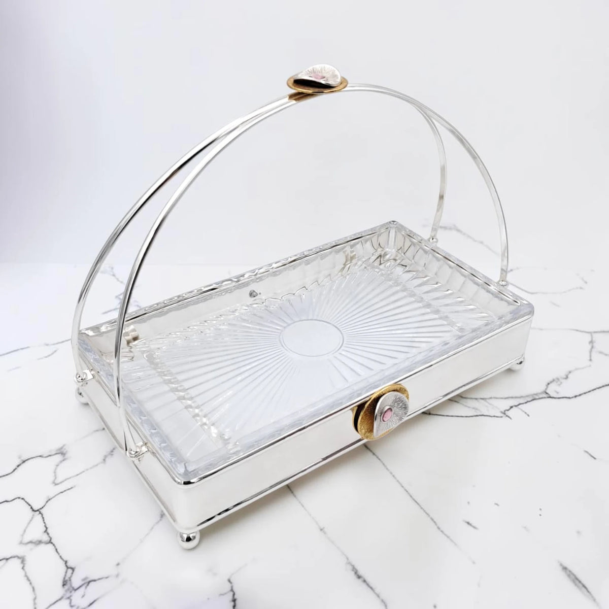 MAY FLOWER Premium Rectangular Serving Tray with Glass Plate Insert and Arch Handle Decorative Food Serving Stand (29H x 37L x 21.5W CM) - Damoo