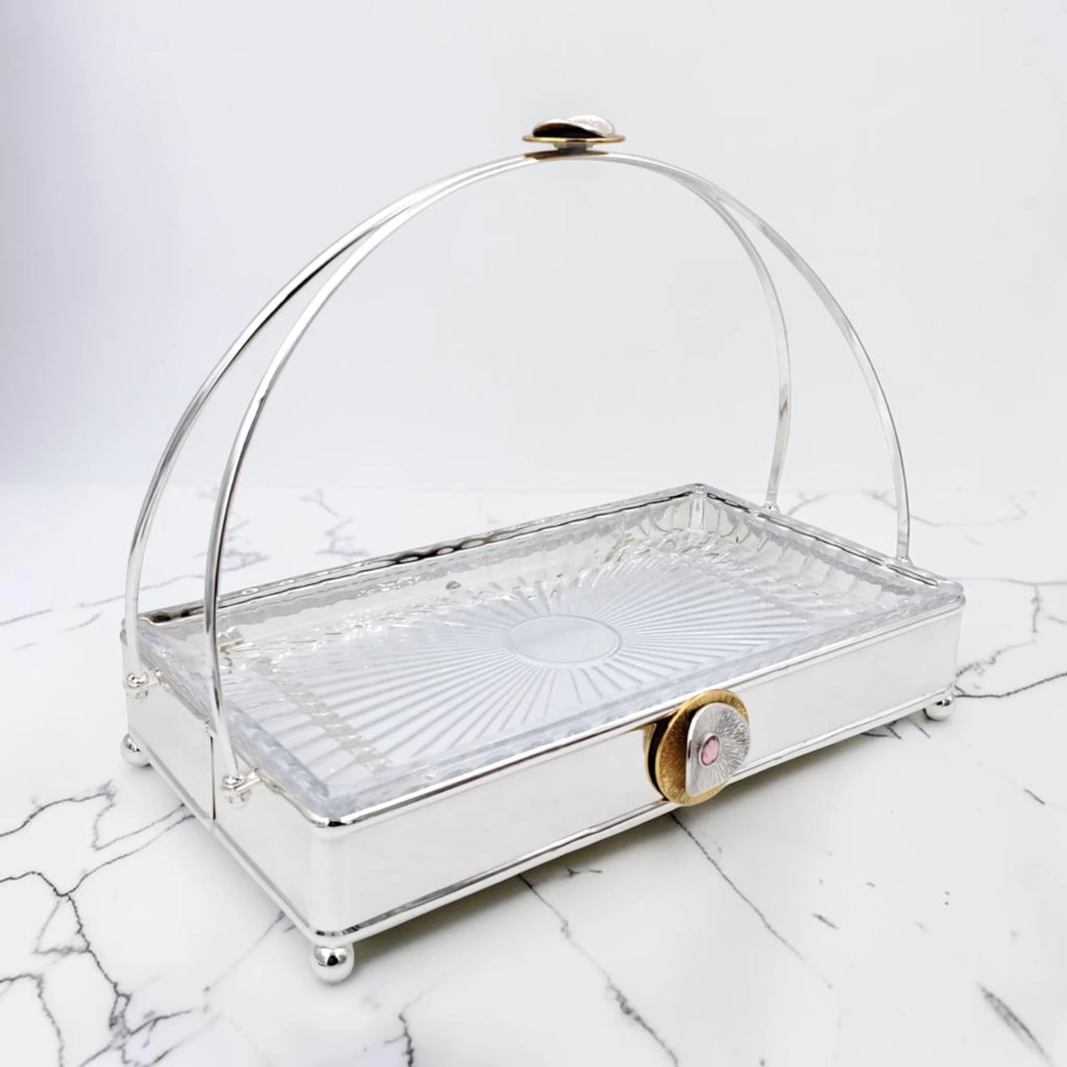 MAY FLOWER Premium Rectangular Serving Tray with Glass Plate Insert and Arch Handle Decorative Food Serving Stand (29H x 37L x 21.5W CM) - Damoo