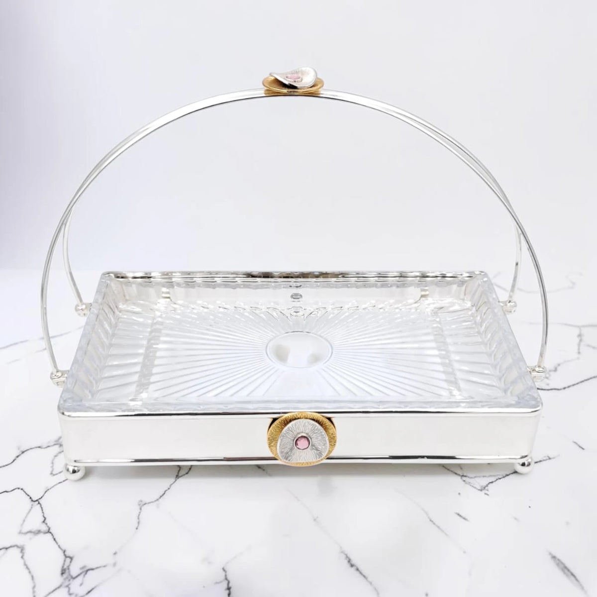 MAY FLOWER Premium Rectangular Serving Tray with Glass Plate Insert and Arch Handle Decorative Food Serving Stand (29H x 37L x 21.5W CM) - Damoo