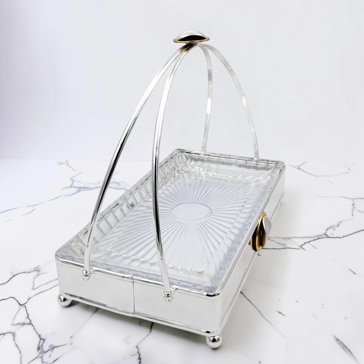 MAY FLOWER Premium Rectangular Serving Tray with Glass Plate Insert and Arch Handle Decorative Food Serving Stand (29H x 37L x 21.5W CM) - Damoo