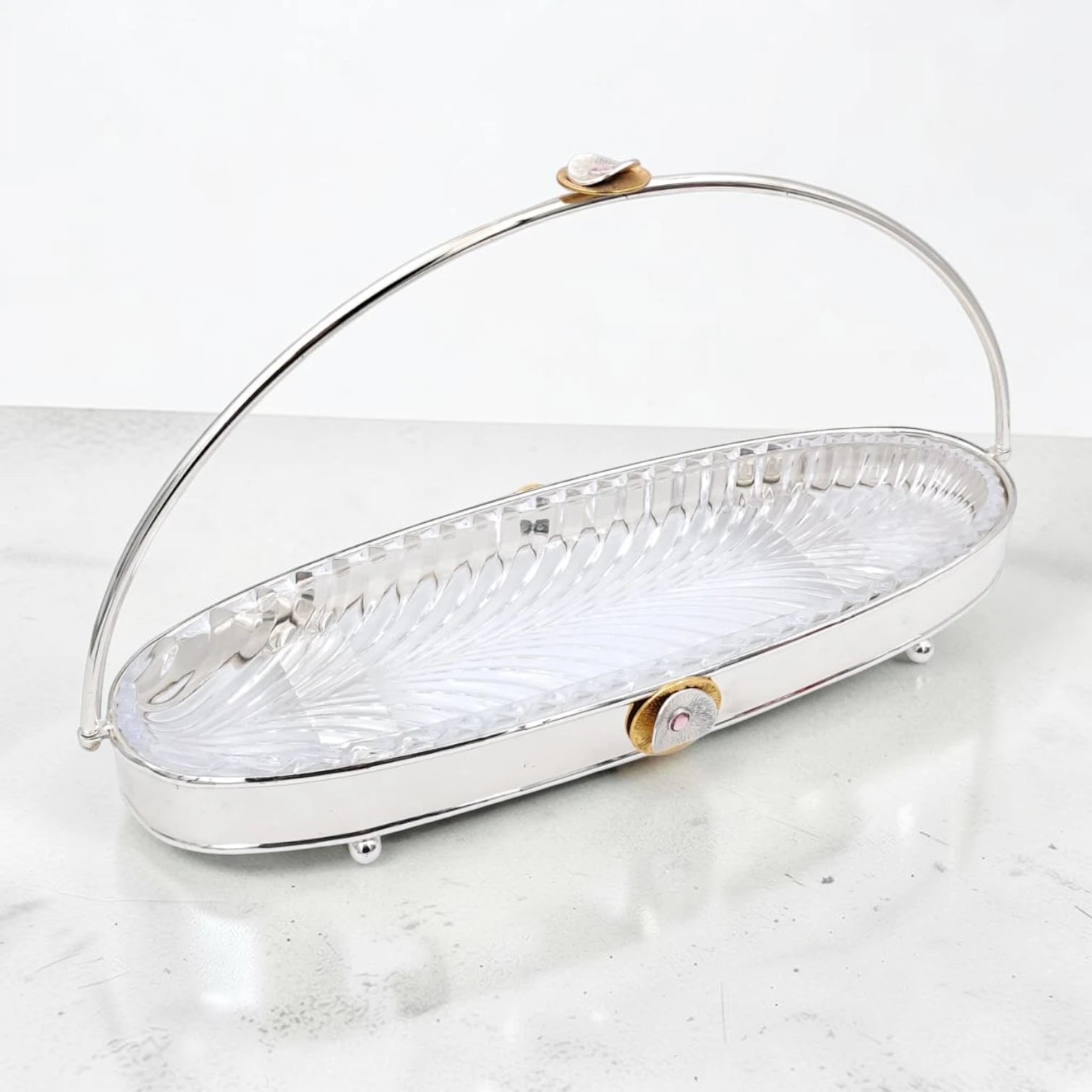 MAY FLOWER Premium Oval Serving Tray with Glass Plate Insert and Arch Handle Decorative Food Display Stand (30H x 53L x 18.5W CM) - Damoo