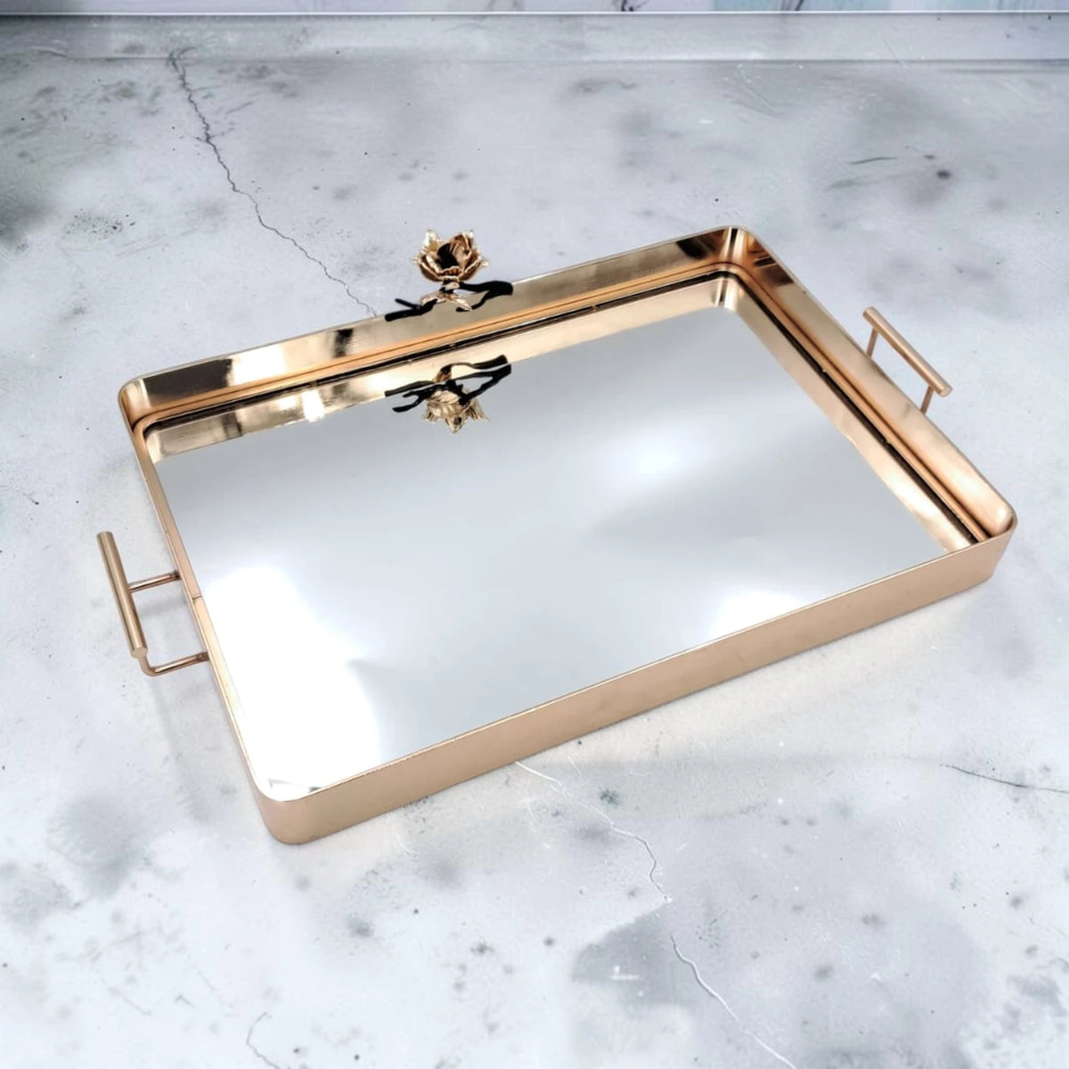 MAY FLOWER Luxury Gold Mirrored Serving Tray with Handles Decorative Vanity Organizer Tray for Coffee Table Dining Table & Home Décor (8H x 48.5L x 30W CM) - Damoo