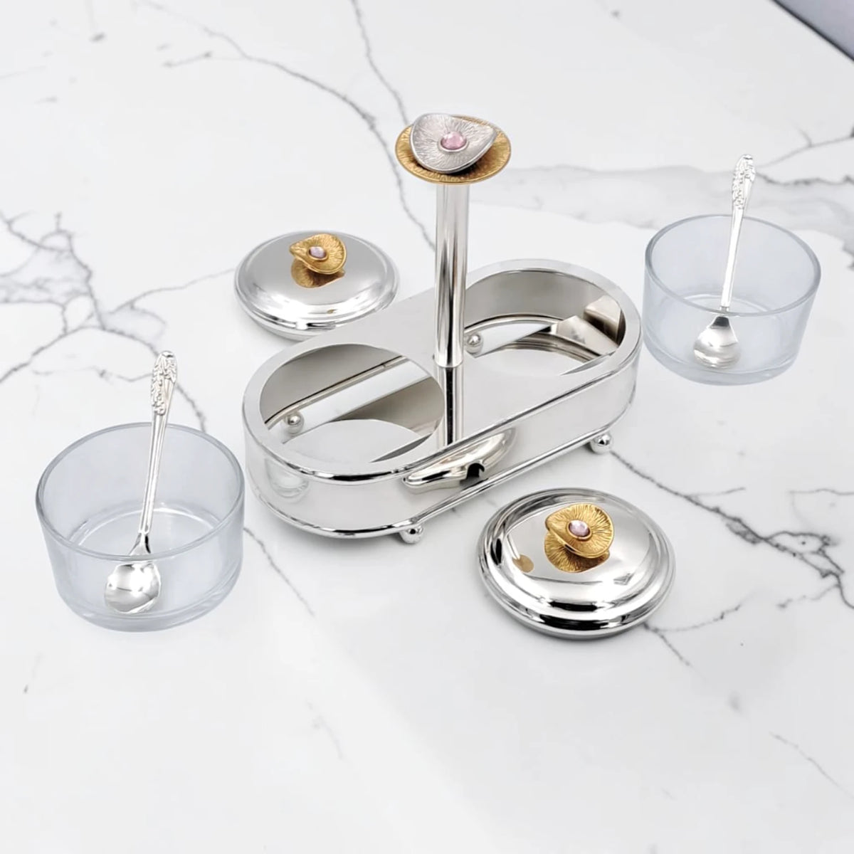 Luxury Double Glass Condiment Jar Set with Silver Metal Stand, Decorative Sugar Bowl Spice Container with Lids & Spoons for Tea Coffee Table Kitchen Storage (19H x 21L x 11W CM) - Damoo