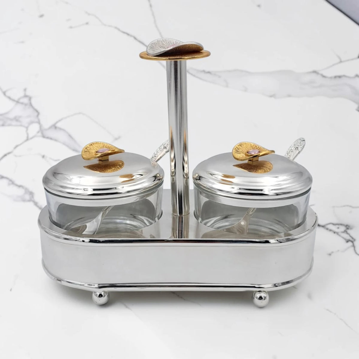 Luxury Double Glass Condiment Jar Set with Silver Metal Stand, Decorative Sugar Bowl Spice Container with Lids & Spoons for Tea Coffee Table Kitchen Storage (19H x 21L x 11W CM) - Damoo