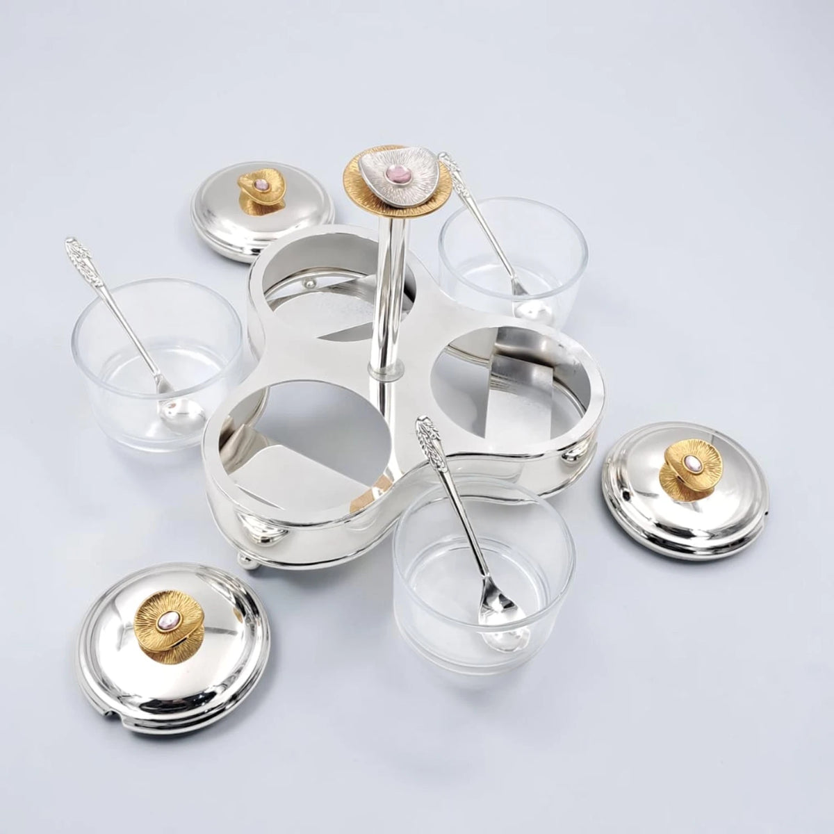 Luxury 3 Jar Condiment Server Set with Stand and Spoons, Glass Spice Storage Containers with Lids, Decorative Sugar Candy Nut Serving Organizer Holder (H(19cm) x W(22cm) x L(22cm) x cap(8cm)) - Damoo