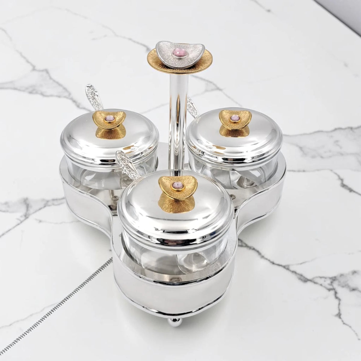 Luxury 3 Jar Condiment Server Set with Stand and Spoons, Glass Spice Storage Containers with Lids, Decorative Sugar Candy Nut Serving Organizer Holder (H(19cm) x W(22cm) x L(22cm) x cap(8cm)) - Damoo