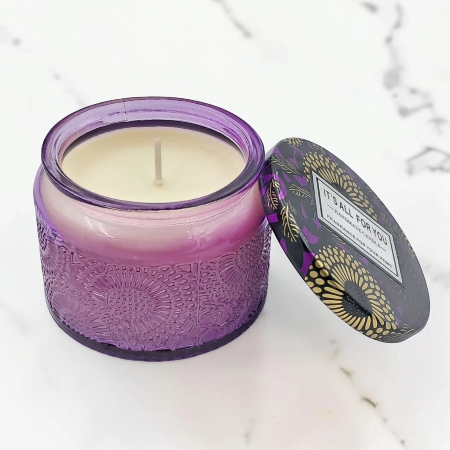 Decorative Glass Jar Scented Candle with Metal Lid, Textured Design Aromatherapy Candle for Home Décor & Relaxation (5H x 7L × 7W CM) - Damoo