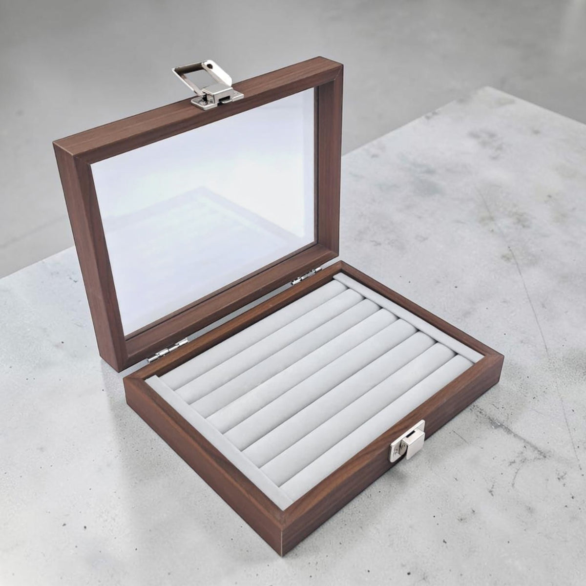 Wooden Eyewear Storage Box with Transparent Glass Lid – Multi Slot Sunglasses Organizer Case with Soft Interior & Secure Lock (5H x 16L × 16W CM) - Damoo