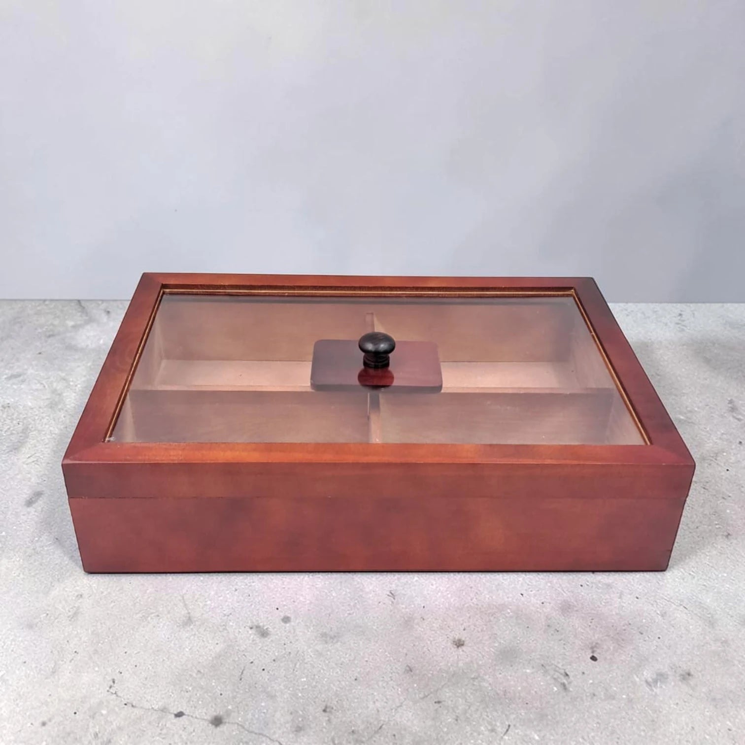 Wooden Storage Organizer Box with Transparent Glass Lid – Multi Compartment Display Case for Jewelry, Accessories, Tea Bags & Small Essentials (9H x 38L × 26W CM) - Damoo