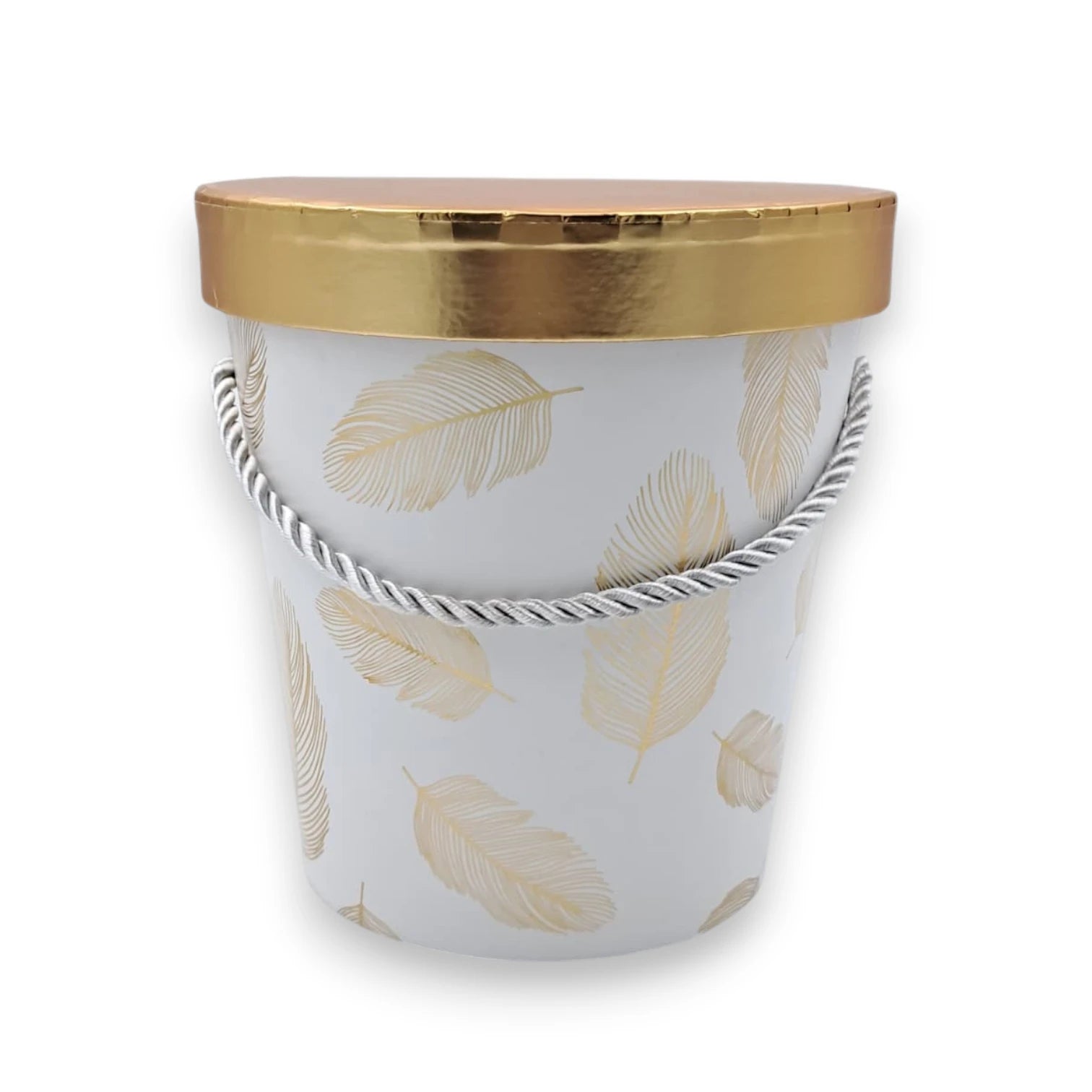 Round Floral Gift Storage Box with Lid and Rope Handle – Decorative Feather Pattern Gift Box for Flowers, Hampers, Chocolates & Special Occasions - Damoo