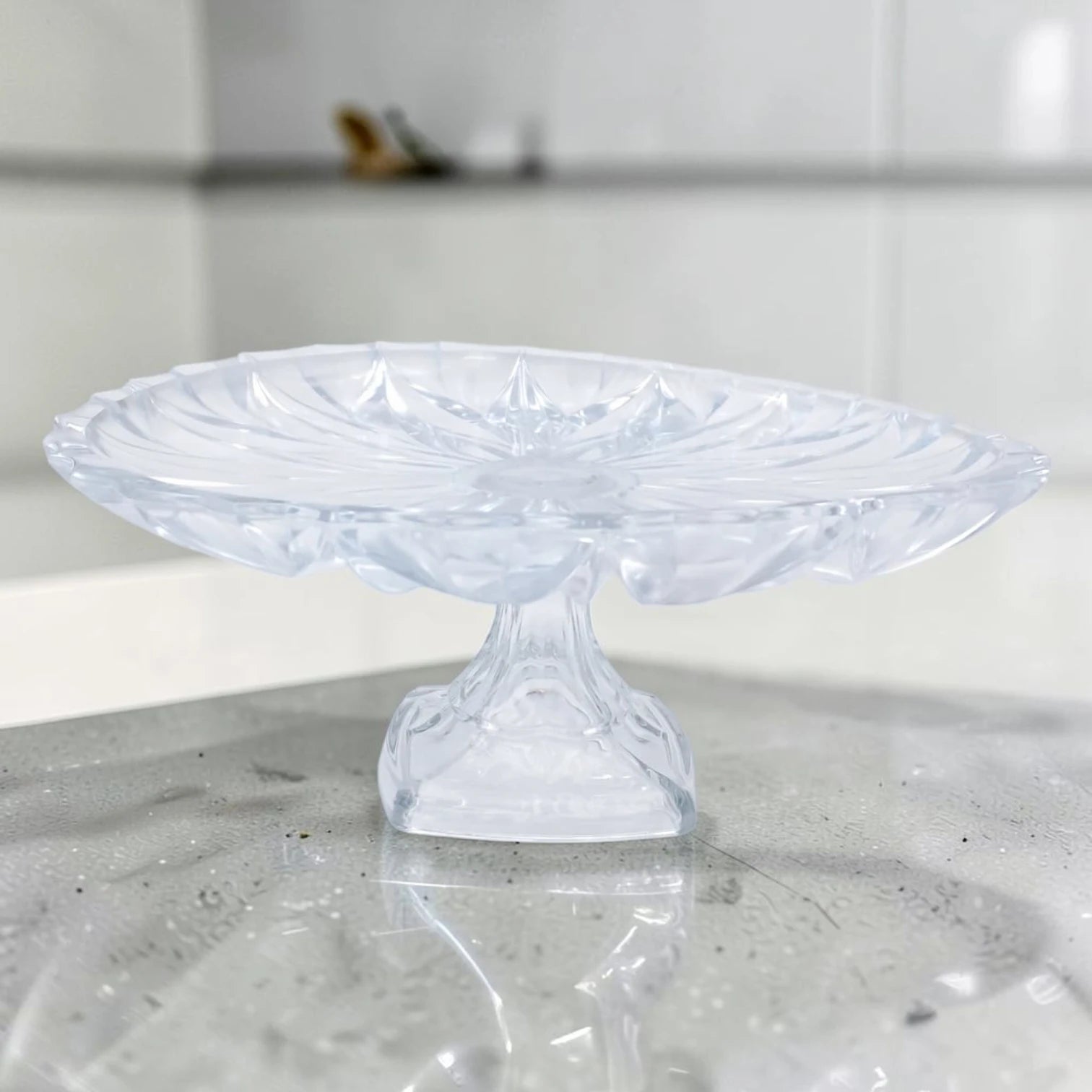 Luxury Clear Glass Cake Stand with Decorative Floral Pattern Pedestal Serving Tray for Desserts & Pastries (12H x 31L x 31W CM) - Damoo