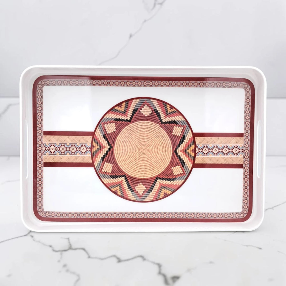 Traditional Arabic Pattern Serving Tray with Built-In Handles – Rectangular Decorative Serving Tray for Tea, Coffee, Snacks & Home Décor (5H x 43L x 29W CM)