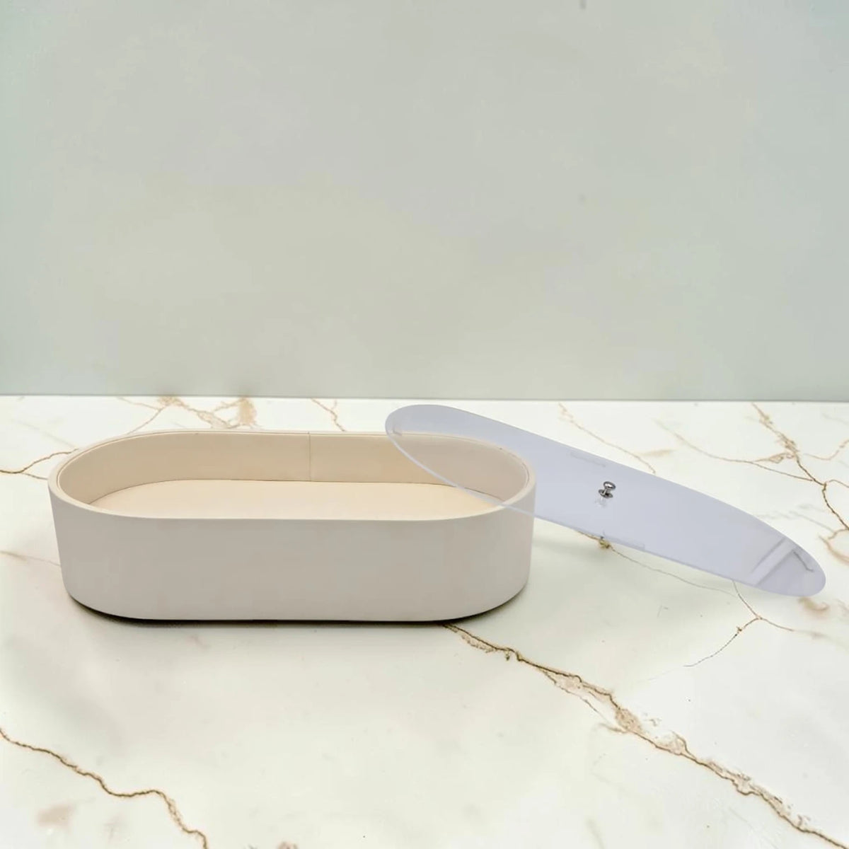 Modern Oval Storage Tray with Clear Acrylic Lid and Knob Handle – Multi-Purpose Countertop Organizer for Kitchen, Bathroom, Vanity & Home Storage (8H x 35L × 18W CM)