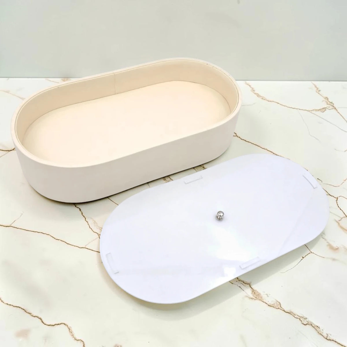Modern Oval Storage Tray with Clear Acrylic Lid and Knob Handle – Multi-Purpose Countertop Organizer for Kitchen, Bathroom, Vanity & Home Storage (8H x 35L × 18W CM)