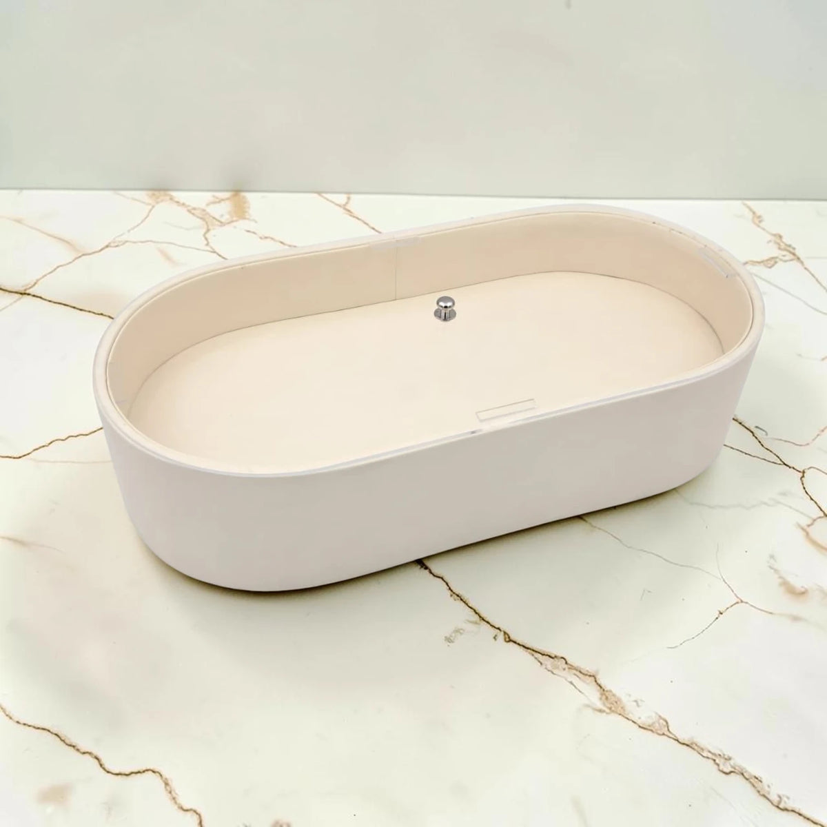 Modern Oval Storage Tray with Clear Acrylic Lid and Knob Handle – Multi-Purpose Countertop Organizer for Kitchen, Bathroom, Vanity & Home Storage (8H x 35L × 18W CM)