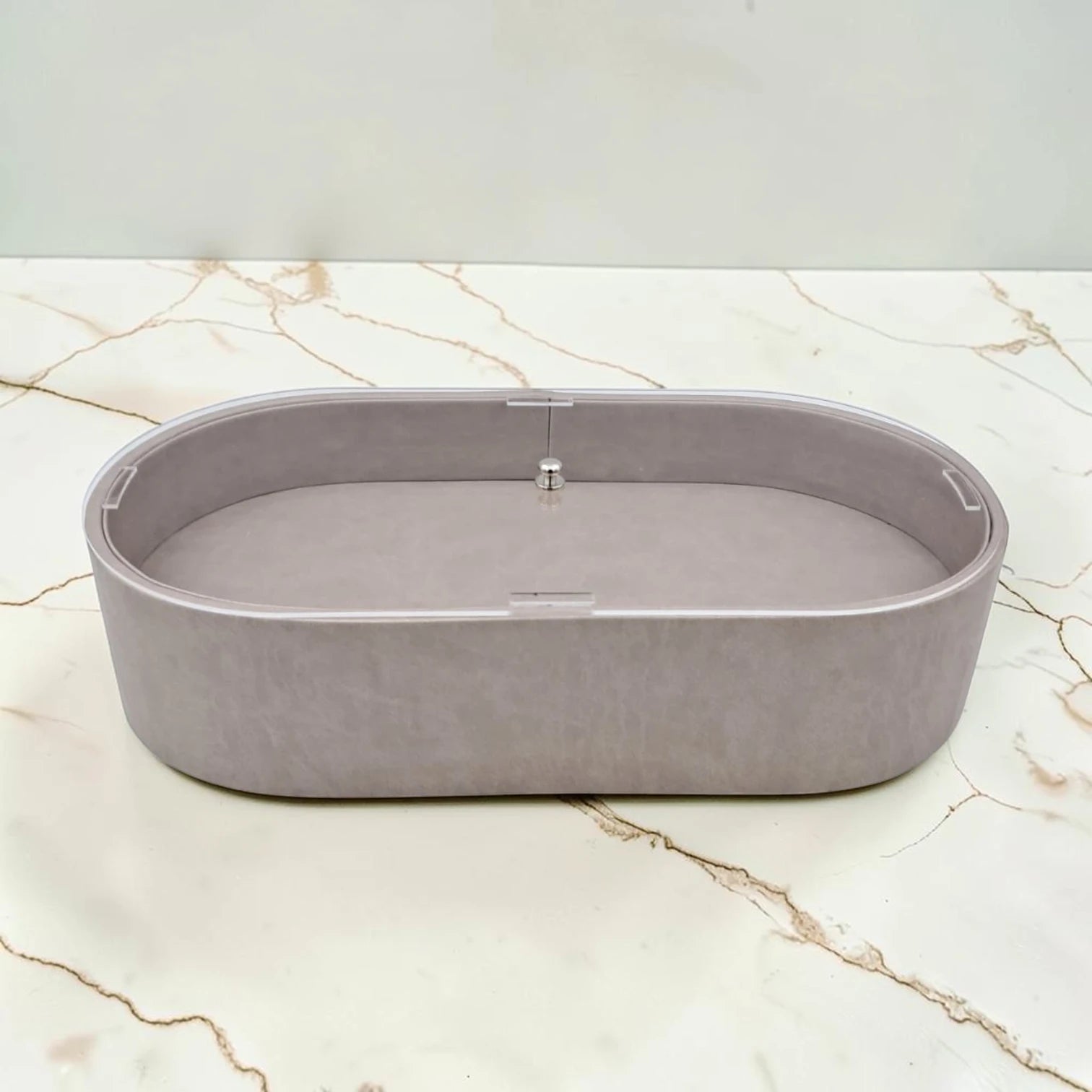 Modern Oval Storage Tray with Clear Acrylic Lid and Knob Handle – Multi-Purpose Countertop Organizer for Kitchen, Bathroom, Vanity & Home Storage (8H x 35L × 18W CM)