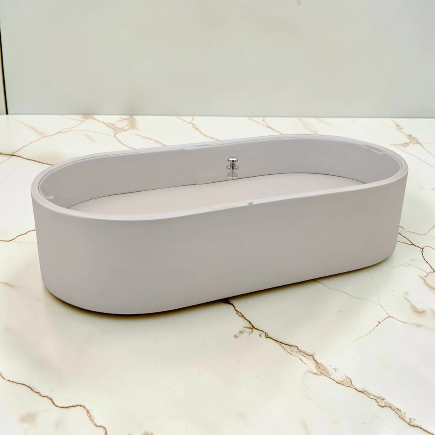 Modern Oval Storage Tray with Clear Acrylic Lid and Knob Handle – Multi-Purpose Countertop Organizer for Kitchen, Bathroom, Vanity & Home Storage (8H x 35L × 18W CM)
