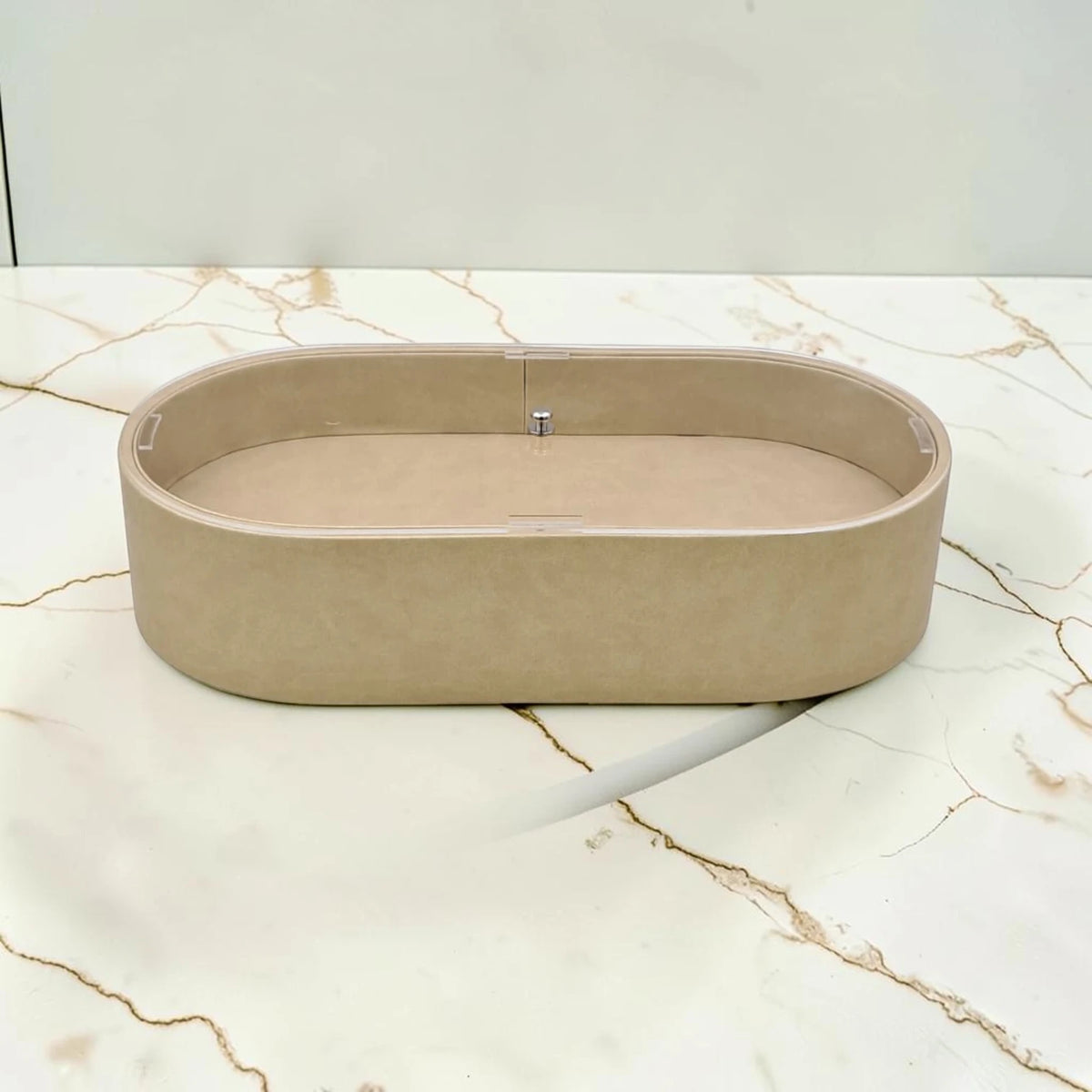 Modern Oval Storage Tray with Clear Acrylic Lid and Knob Handle – Multi-Purpose Countertop Organizer for Kitchen, Bathroom, Vanity & Home Storage (8H x 35L × 18W CM)