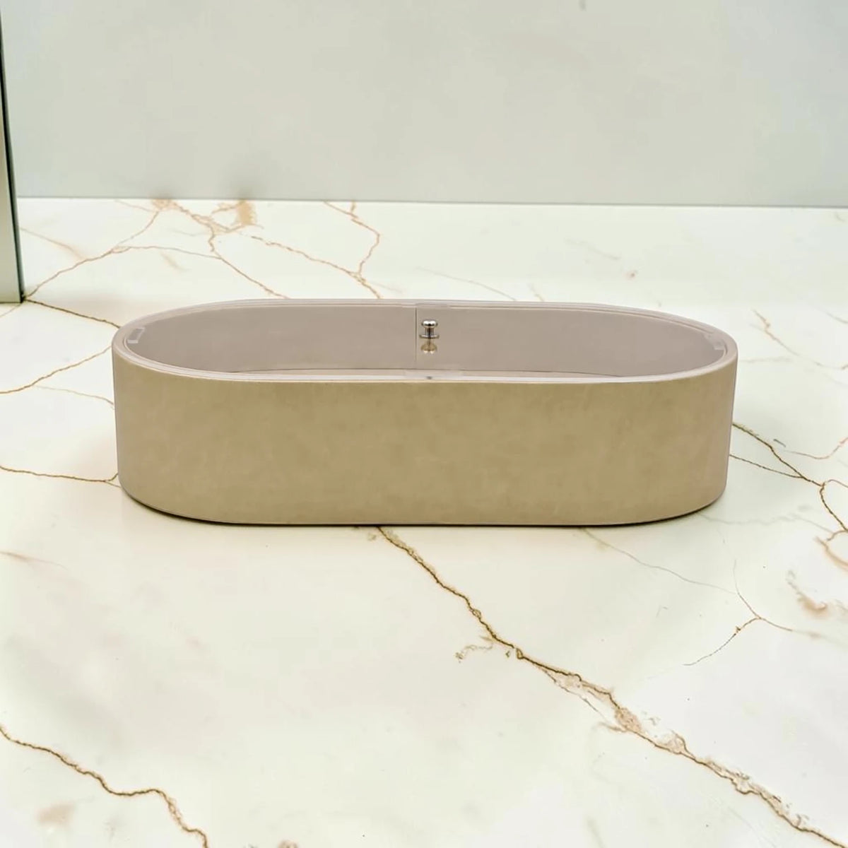 Modern Oval Storage Tray with Clear Acrylic Lid and Knob Handle – Multi-Purpose Countertop Organizer for Kitchen, Bathroom, Vanity & Home Storage (8H x 35L × 18W CM)