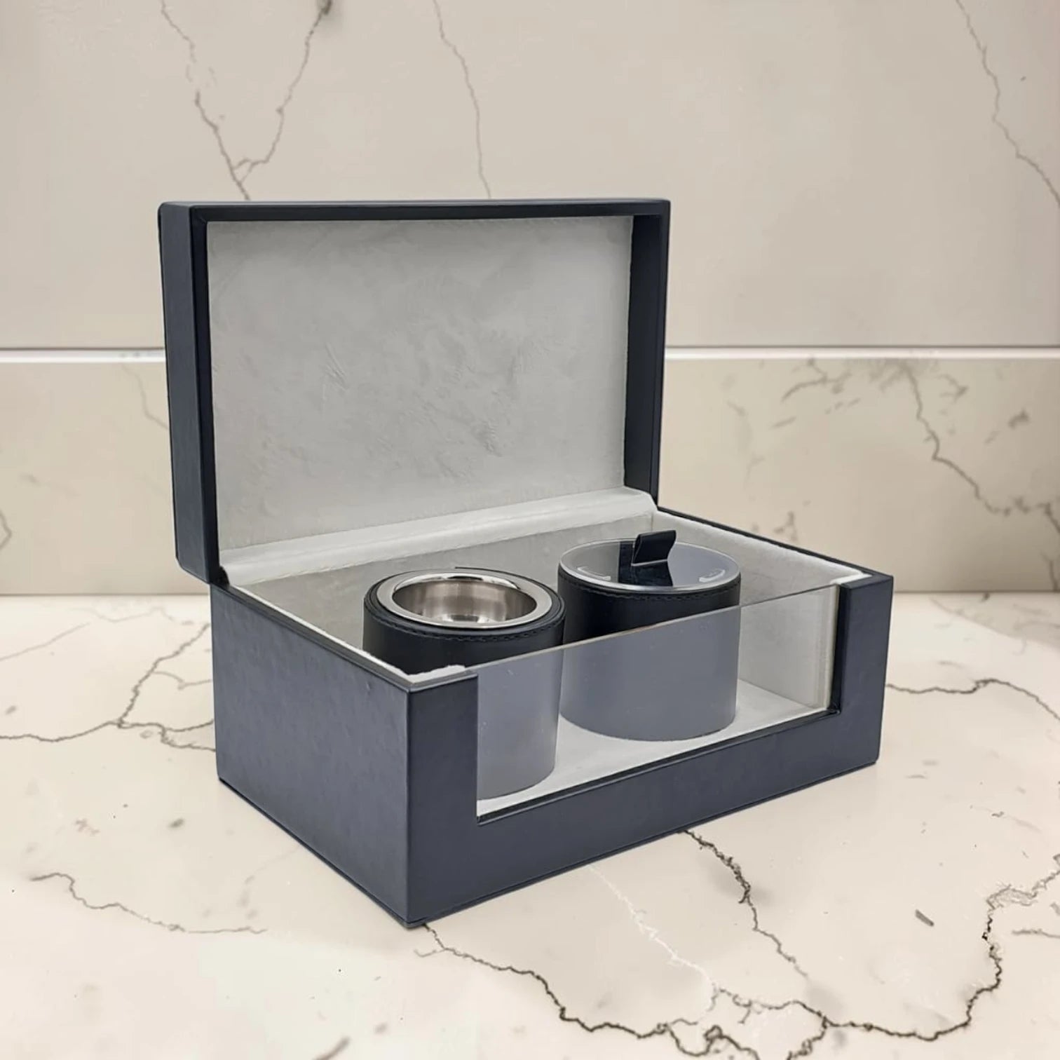 Luxury Faux Leather Mabkhara & Bakhoor Storage Box Set with Glass Front Display, Stainless Steel Incense Burner Cup and Covered Bakhoor Container, Home Majlis Ramadan Gift Set, Available in Multiple Colors (13H x 27L × 16.5W CM)