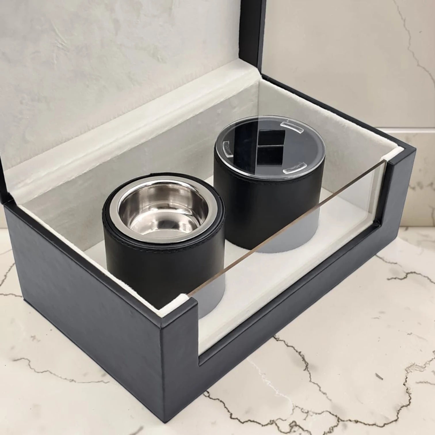 Luxury Faux Leather Mabkhara & Bakhoor Storage Box Set with Glass Front Display, Stainless Steel Incense Burner Cup and Covered Bakhoor Container, Home Majlis Ramadan Gift Set, Available in Multiple Colors (13H x 27L × 16.5W CM)