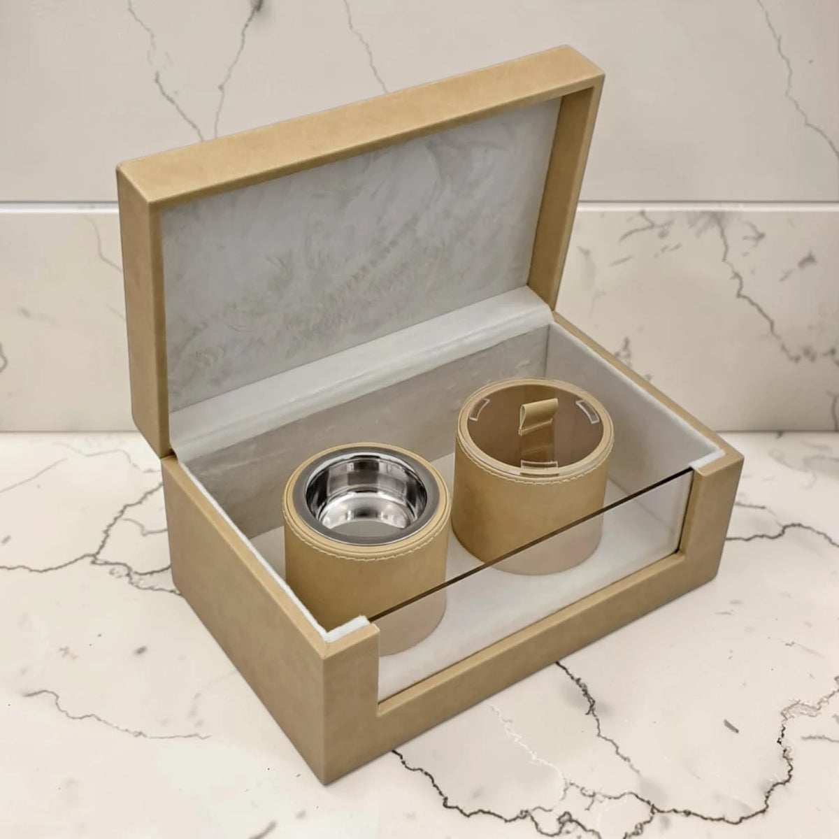 Luxury Faux Leather Mabkhara & Bakhoor Storage Box Set with Glass Front Display, Stainless Steel Incense Burner Cup and Covered Bakhoor Container, Home Majlis Ramadan Gift Set, Available in Multiple Colors (13H x 27L × 16.5W CM)