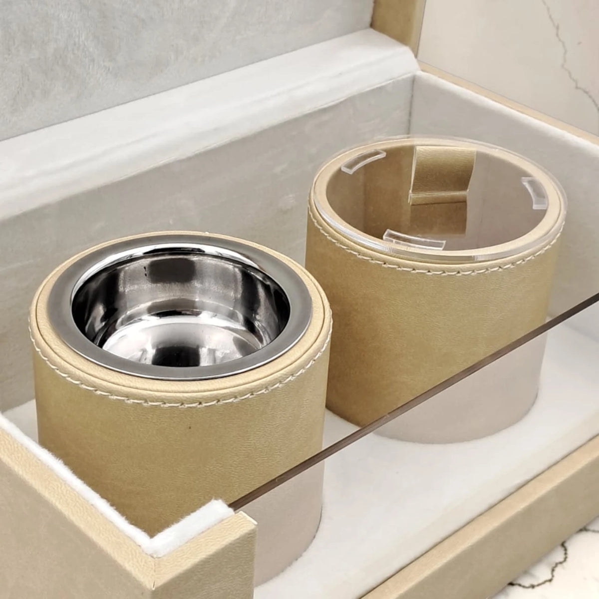 Luxury Faux Leather Mabkhara & Bakhoor Storage Box Set with Glass Front Display, Stainless Steel Incense Burner Cup and Covered Bakhoor Container, Home Majlis Ramadan Gift Set, Available in Multiple Colors (13H x 27L × 16.5W CM)