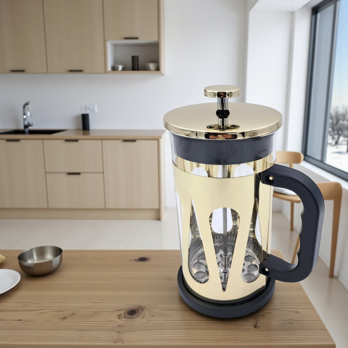 HTH French Press Coffee Maker 1000ml – Premium Stainless Steel Glass Coffee & Tea Press Pot | Heat-Resistant Borosilicate Glass, Gold & Silver Colors