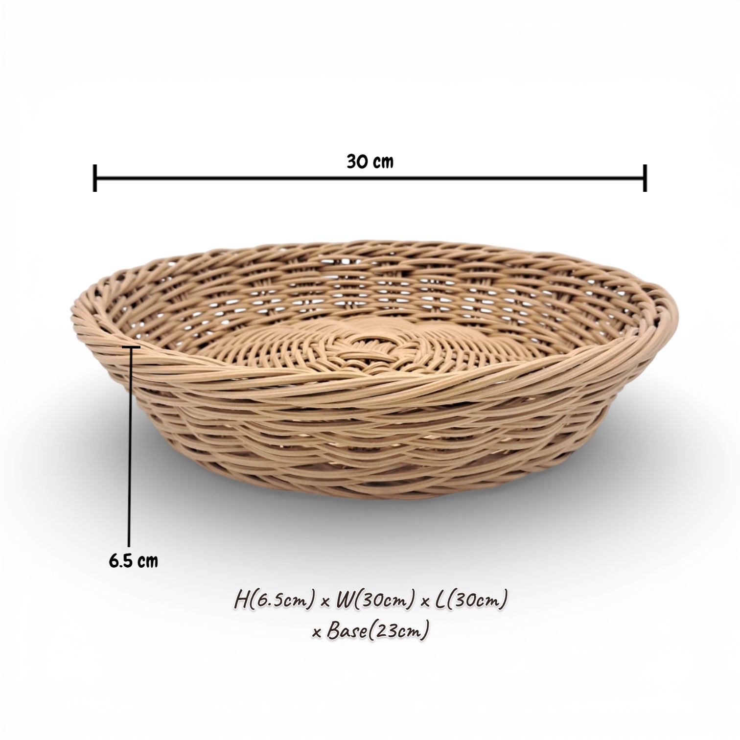 Natural Round Rattan Basket Tray – Handwoven Wicker Bread, Fruit & Snack Serving Basket for Dining Tables & Kitchen Storage (H(6.5cm) x W(30cm) x L(30cm) x Base(23cm)) - Damoo