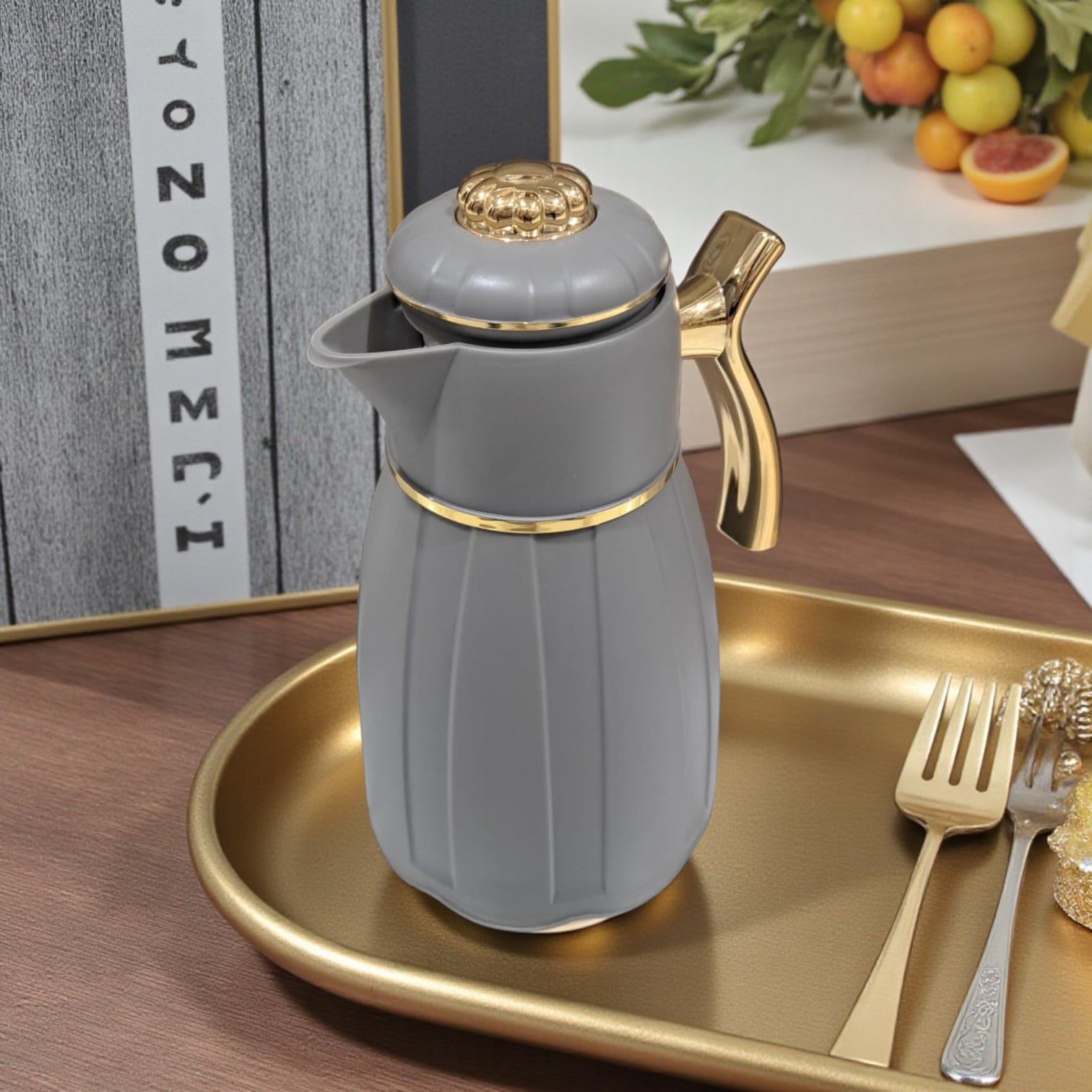 GERMAX Arabic Vacuum Flask 1.0L – Grey flask Golden Lid | Premium PP Plastic Thermo Coffee & Tea Pot | Keeps Drinks Hot for 12 Hours & Cold for 24 Hours - Damoo
