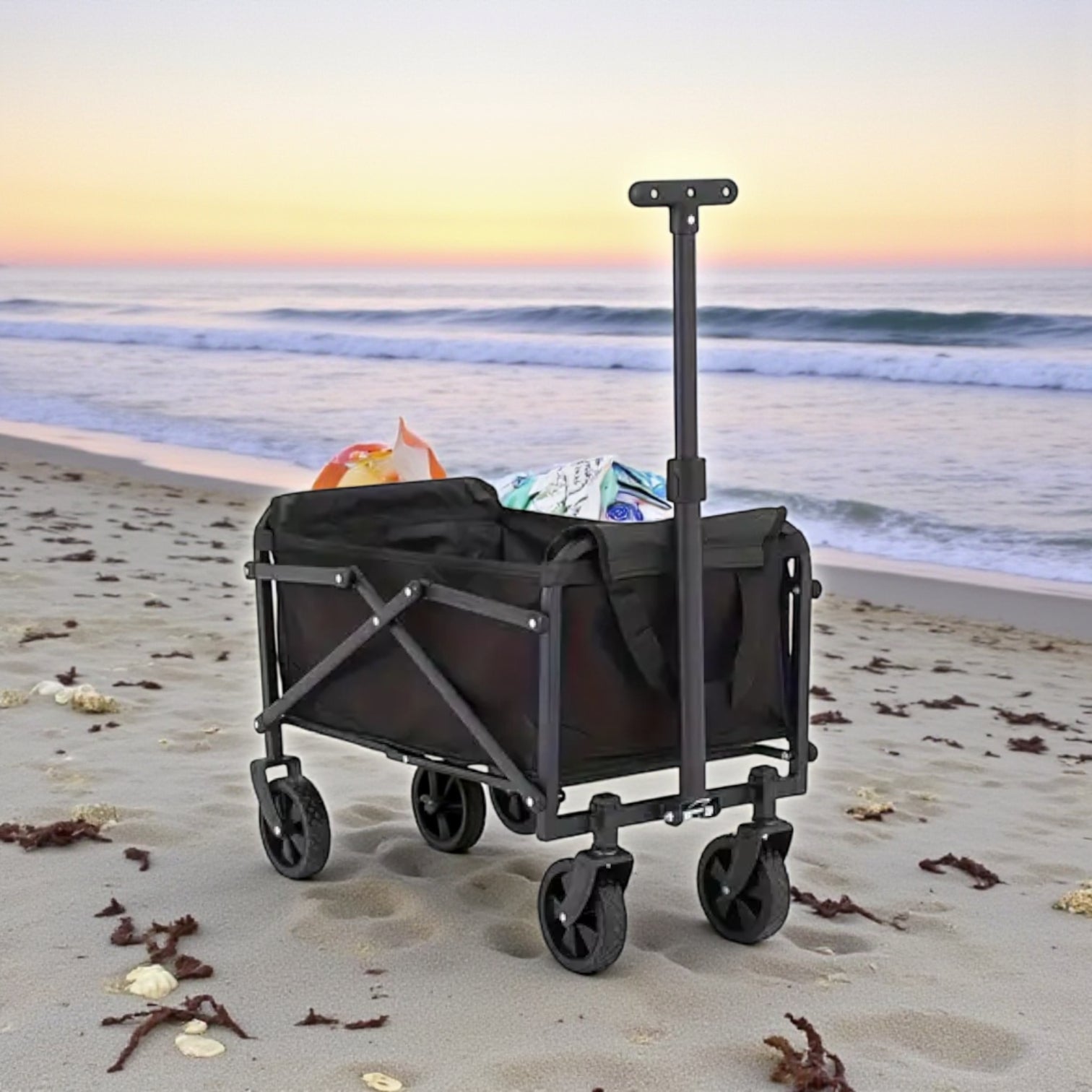 Foldable Utility Wagon Cart with Adjustable Handle – Heavy-Duty Collapsible Outdoor Trolley with Large Wheels for Camping, Picnic, Beach, Garden & Shopping – Portable Storage Wagon Black - Damoo