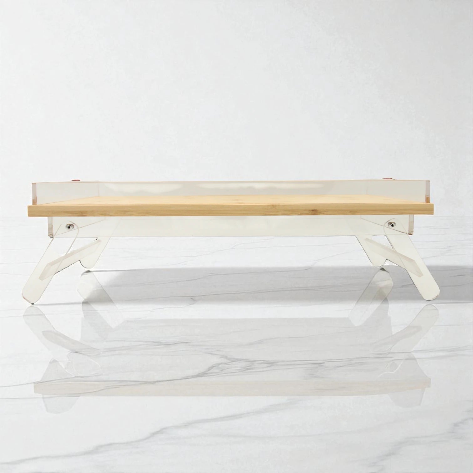 Acrylic Decorative Serving Tray with Wooden Base, Clear Edges, & Foldable Legs | Multi-Purpose Stand, Bed Table, Laptop Desk, or Breakfast Tray | Modern & Elegant Design - Damoo