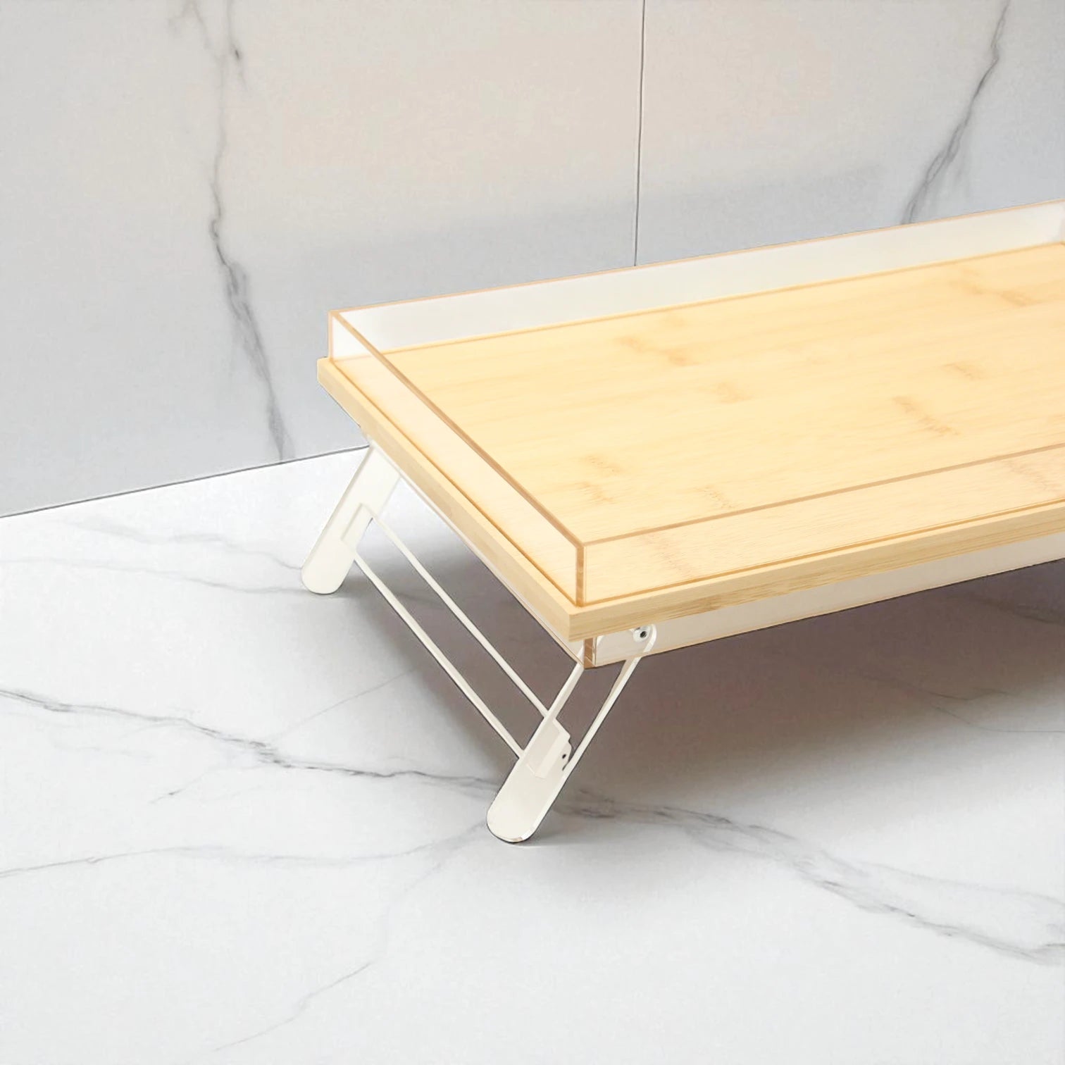 Acrylic Decorative Serving Tray with Wooden Base, Clear Edges, & Foldable Legs | Multi-Purpose Stand, Bed Table, Laptop Desk, or Breakfast Tray | Modern & Elegant Design - Damoo
