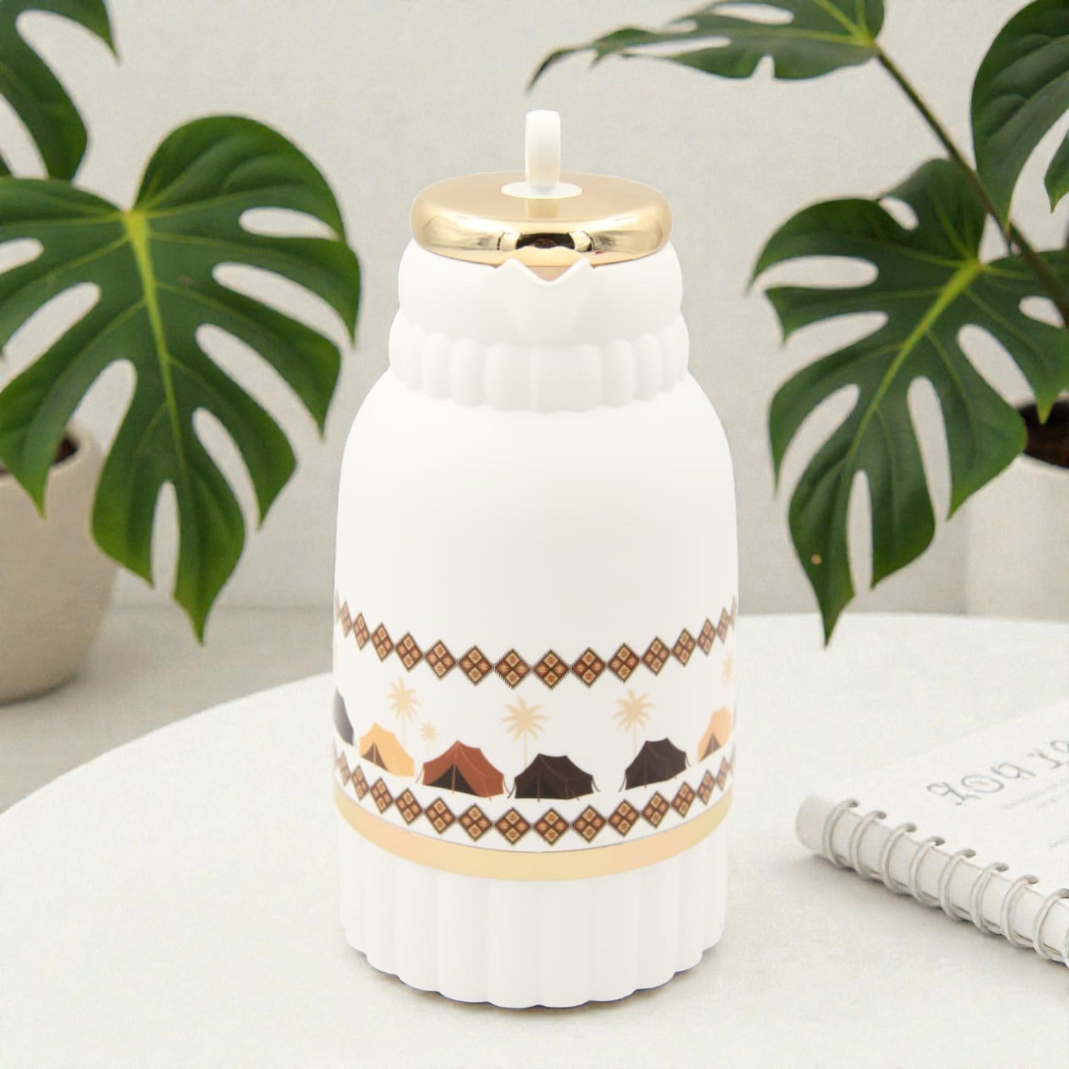 Traditional Arabic Tea Flask 1 Liter – Double Wall Insulated Glass Liner Zamzamiyah with Handle, Heritage Pattern Thermal Hot Beverage Jug, Available in Two Designs - Damoo