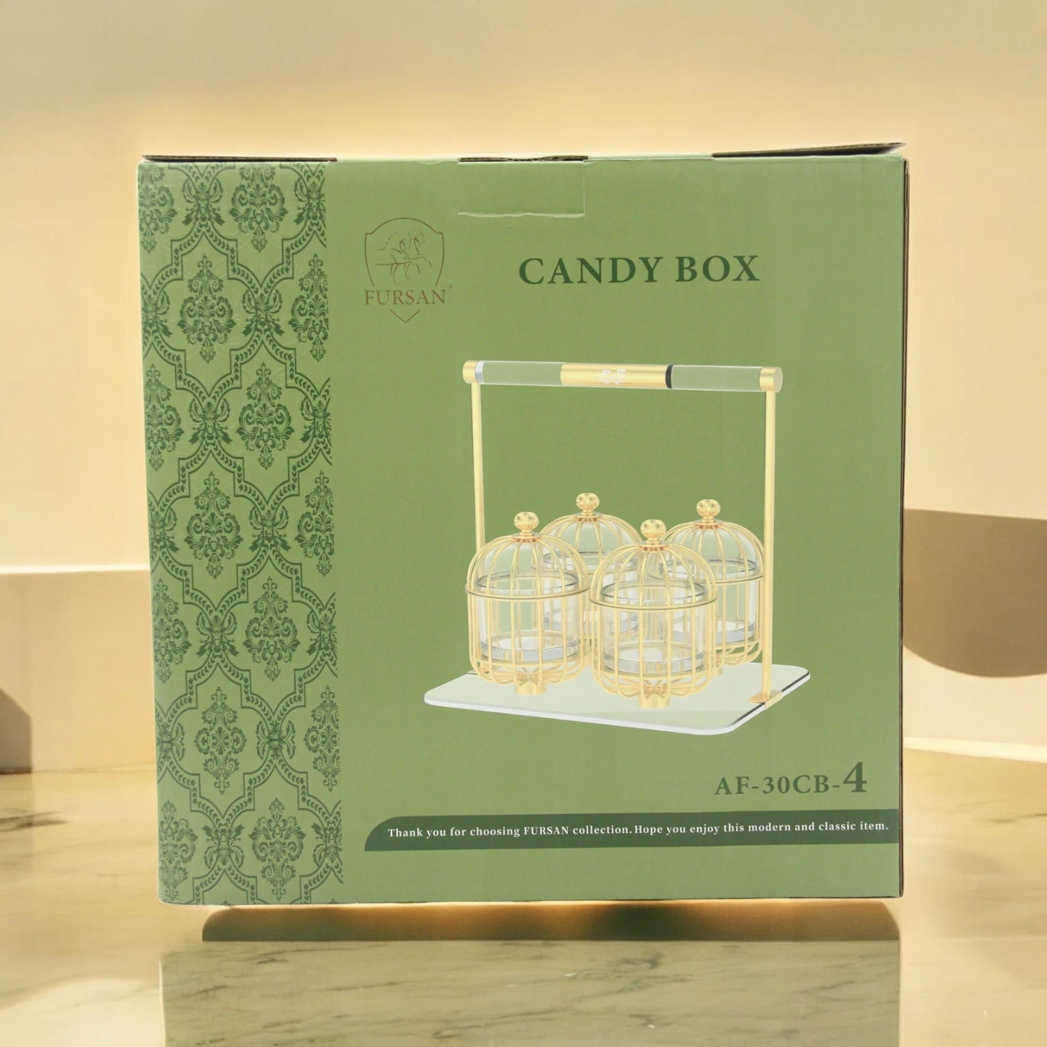 Al Fursan Candy Box Set with Arabic Calligraphy Handle – 4-Boxes Decorative Server with Non-Slip Base | Modern Line Collection | Elegant Middle Eastern Design for Dates, Nuts & Sweets - Damoo