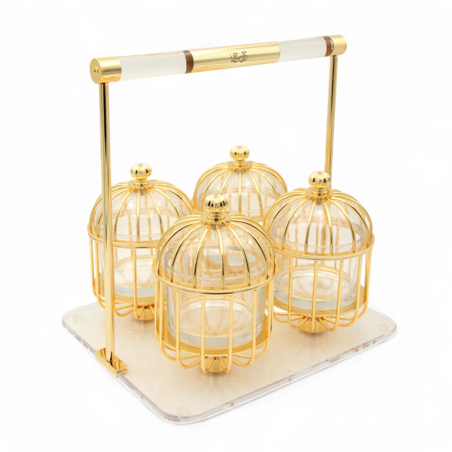 Al Fursan Candy Box Set with Arabic Calligraphy Handle – 4-Boxes Decorative Server with Non-Slip Base | Modern Line Collection | Elegant Middle Eastern Design for Dates, Nuts & Sweets - Damoo