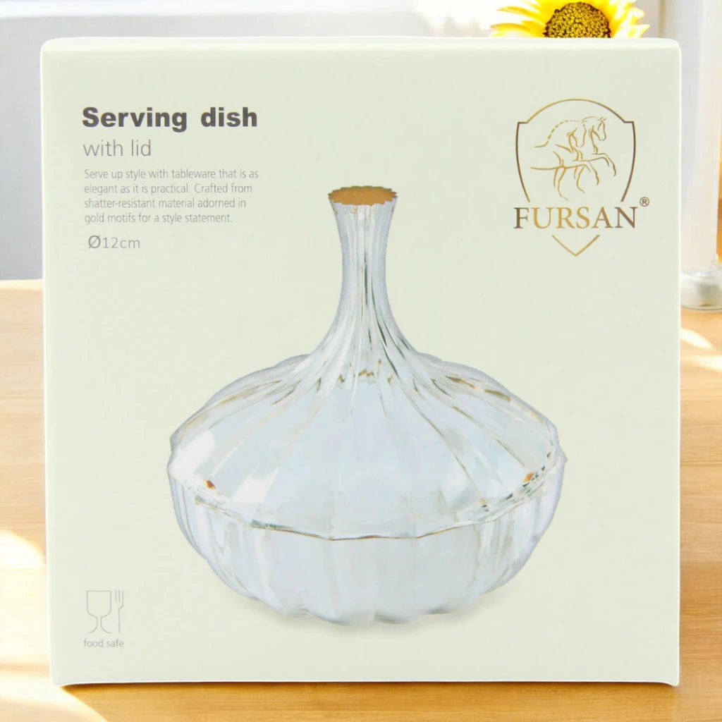 AL Fursan Clear Glass Serving Dish with Lid – Ø 12 cm Elegant Round Tableware for Snacks, Sweets, Dates & Dry Food | Food-Safe Decorative Bowl for Home, Parties & Gifting - Damoo