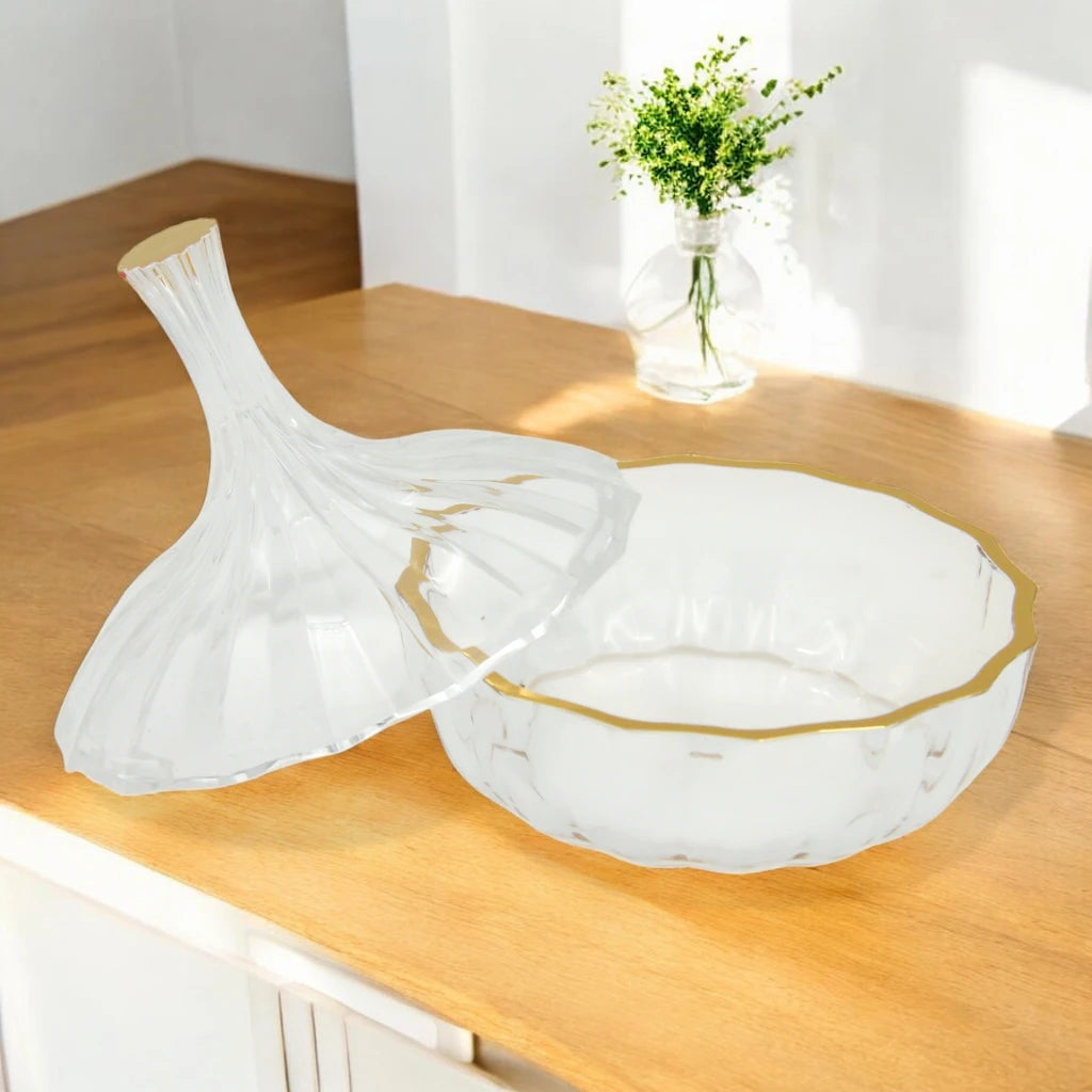 AL Fursan Clear Glass Serving Dish with Lid – Ø 12 cm Elegant Round Tableware for Snacks, Sweets, Dates & Dry Food | Food-Safe Decorative Bowl for Home, Parties & Gifting - Damoo