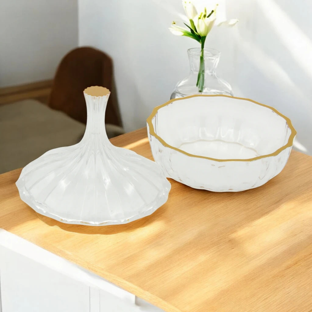 AL Fursan Clear Glass Serving Dish with Lid – Ø 12 cm Elegant Round Tableware for Snacks, Sweets, Dates & Dry Food | Food-Safe Decorative Bowl for Home, Parties & Gifting - Damoo