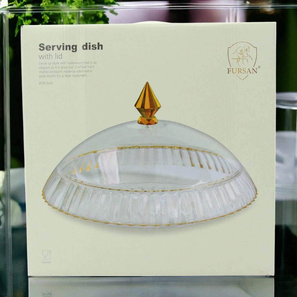 AL Fursan Elegant Acrylic Serving Dish with Lid – 34.5 cm Round Tray with Motifs | Shatter-Resistant, Food-Safe Tableware for Stylish Serving - Damoo