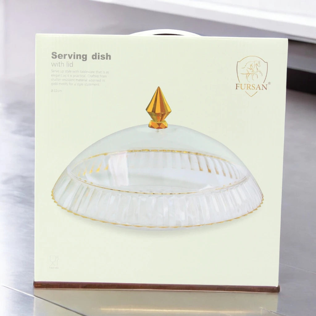 AL Fursan Elegant Acrylic Serving Dish with Lid – Ø 32 cm Round with Motifs | Shatter-Resistant, Food-Safe Tableware for Stylish Serving - Damoo