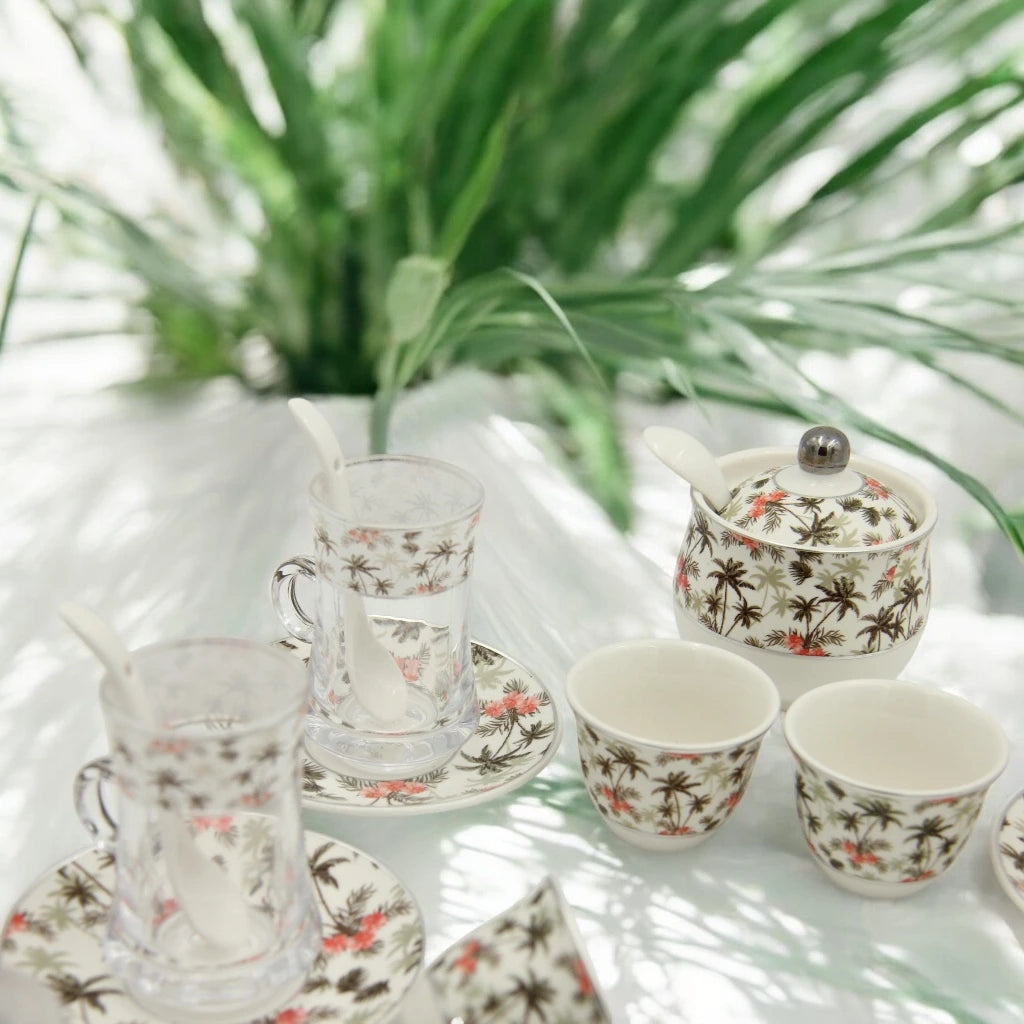 Al Fursan Elegant Fine Porcelain 20 Pcs Tea & Coffee Set – Strong Internal Structure (Palm Tree Design) - Damoo