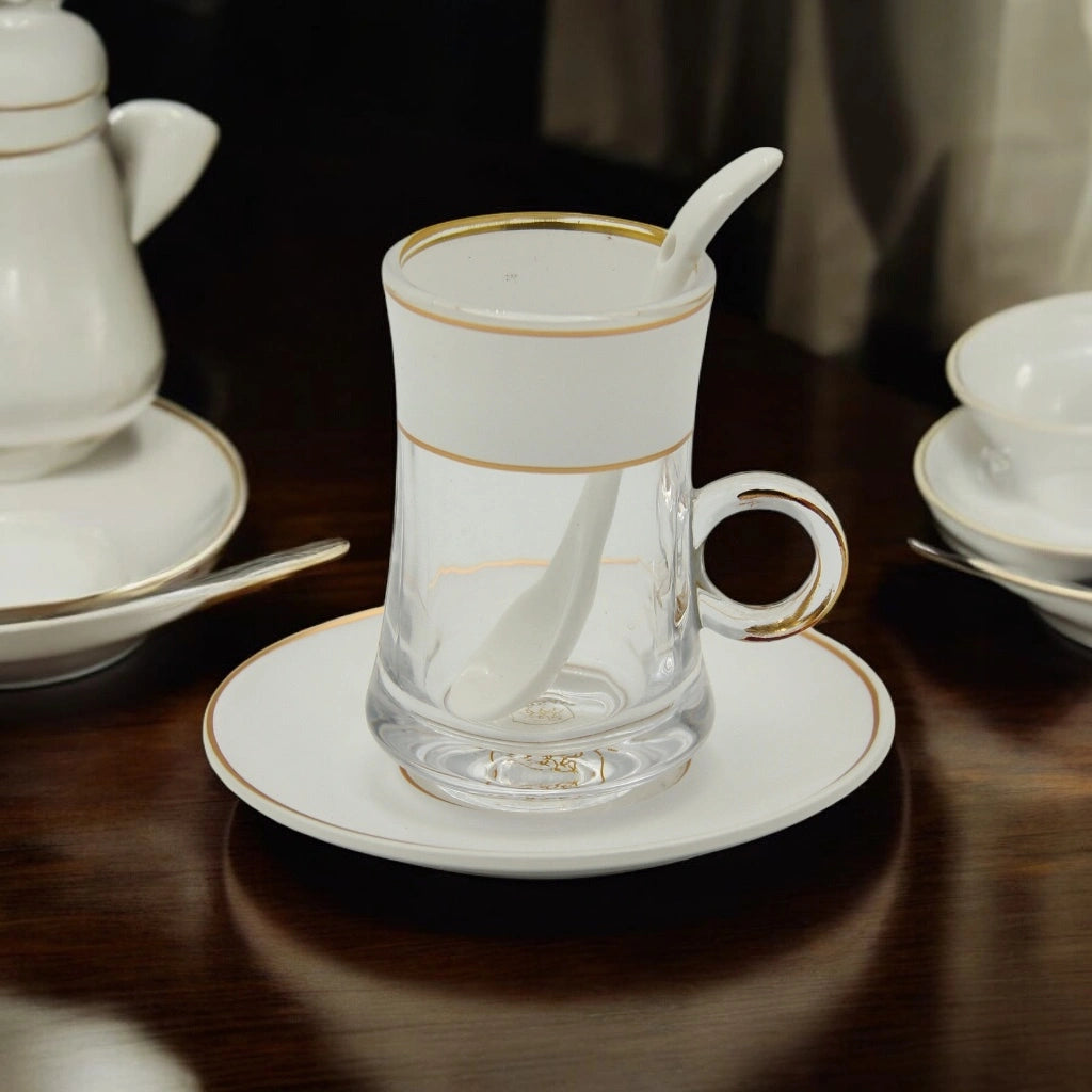 Al Fursan Elegant Fine Porcelain 20 Pcs Tea & Coffee Set – Strong Internal Structure (White Frosted Band) - Damoo