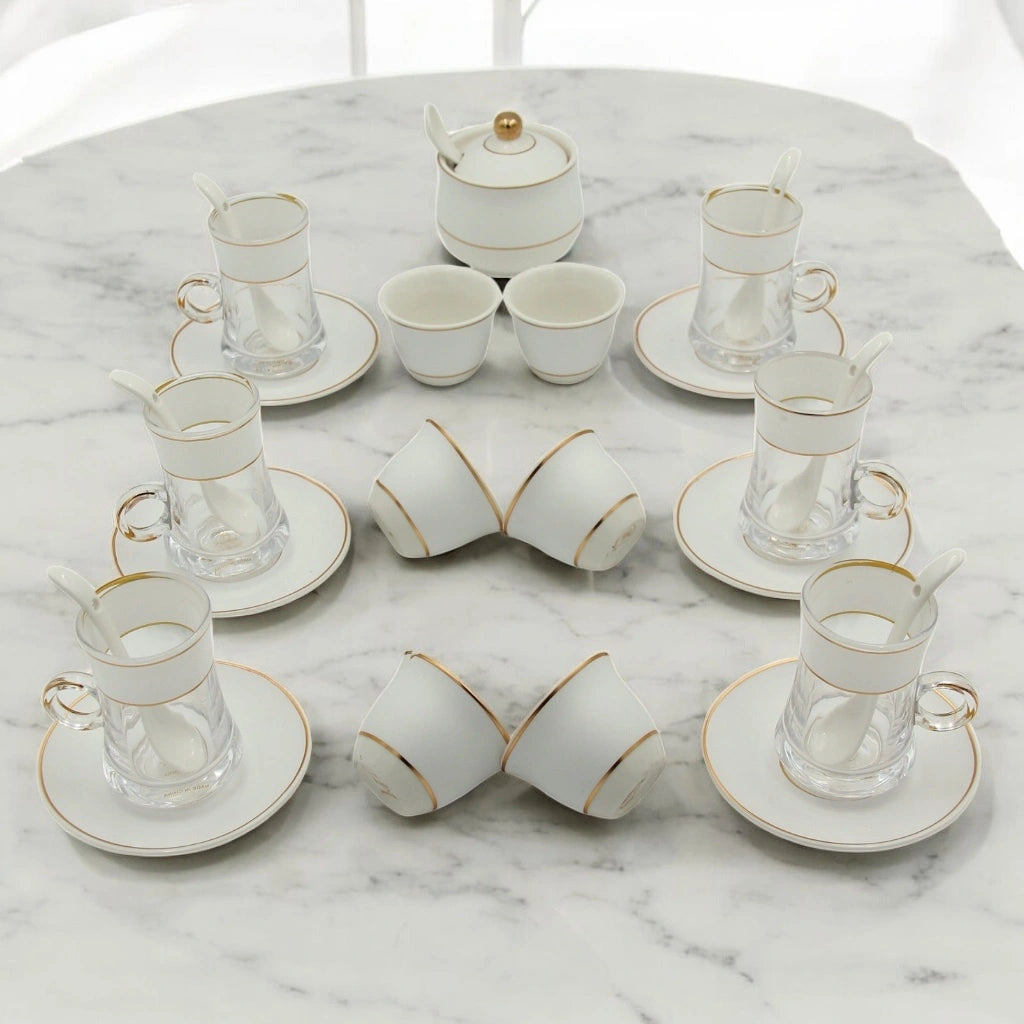 Al Fursan Elegant Fine Porcelain 20 Pcs Tea & Coffee Set – Strong Internal Structure (White Frosted Band) - Damoo